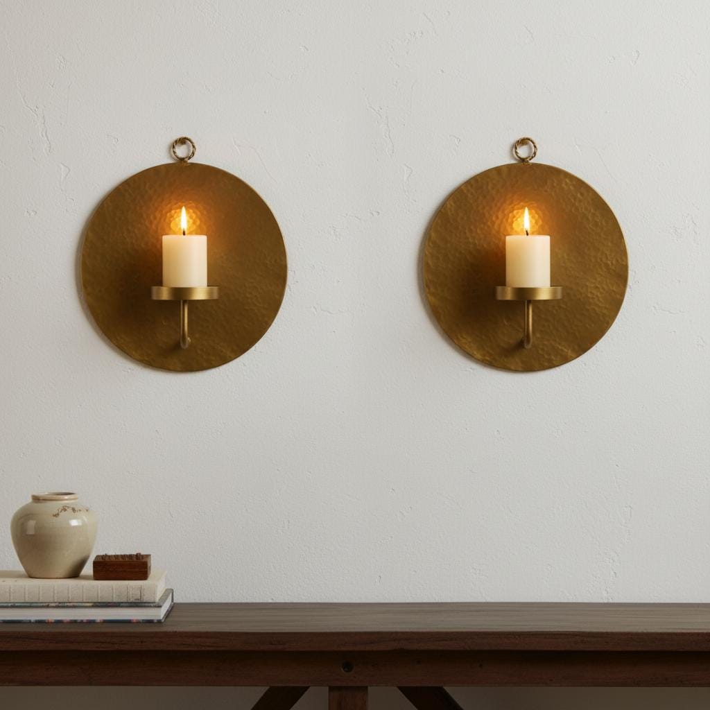 Brass Wall Candle Holder – Set of 2 Handmade Round Sconces - Image 3
