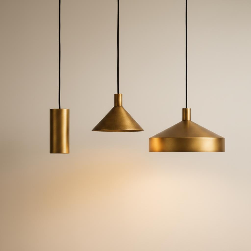 Brass Pendant Light Set of 3 | Modern Cone & Dome Hanging Lights | Kitchen Island Lighting | Scandinavian Minimalist Brass Ceiling Lamps