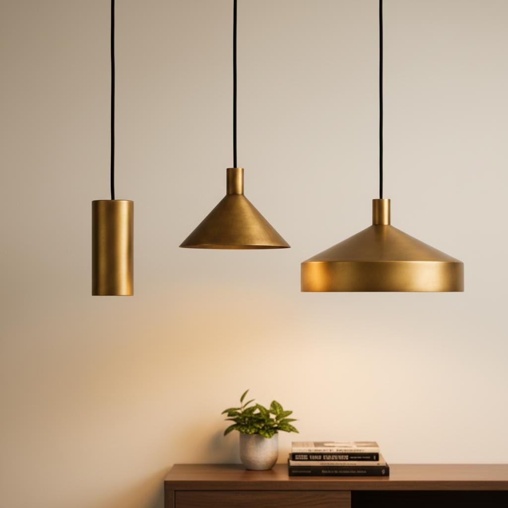 Brass Pendant Light Set of 3 | Modern Cone & Dome Hanging Lights | Kitchen Island Lighting | Scandinavian Minimalist Brass Ceiling Lamps - Image 4
