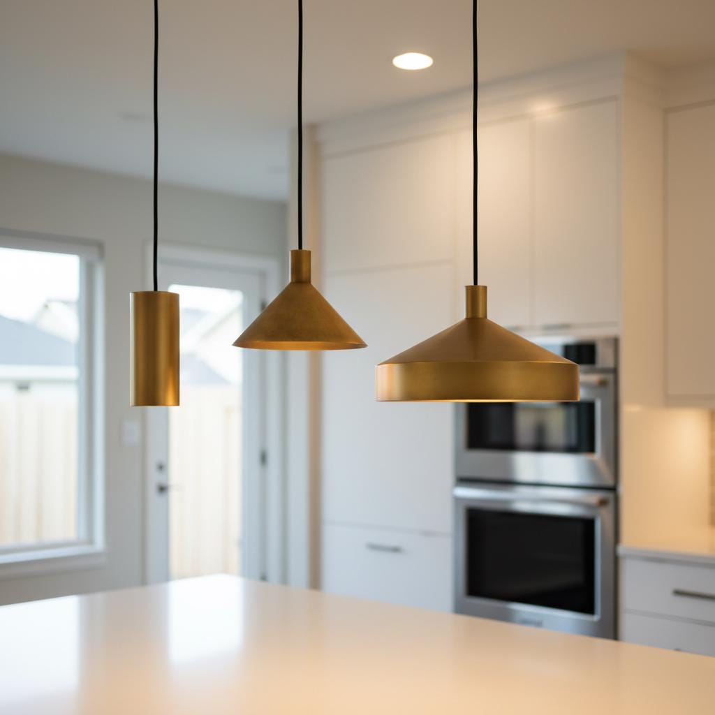 Brass Pendant Light Set of 3 | Modern Cone & Dome Hanging Lights | Kitchen Island Lighting | Scandinavian Minimalist Brass Ceiling Lamps - Image 2