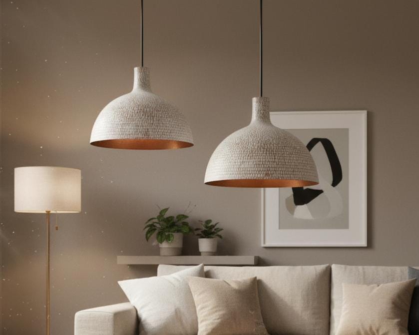 Hand Hammered Pendant Light, White Textured Brass Ceiling Lamp with Copper Interior, Modern Rustic Kitchen Lighting - Image 2