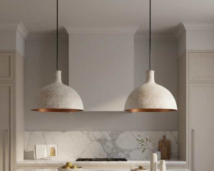 Hand Hammered Pendant Light, White Textured Brass Ceiling Lamp with Copper Interior, Modern Rustic Kitchen Lighting - Image 3
