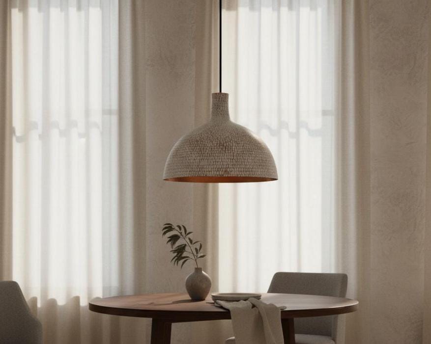 Hand Hammered Pendant Light, White Textured Brass Ceiling Lamp with Copper Interior, Modern Rustic Kitchen Lighting - Image 6