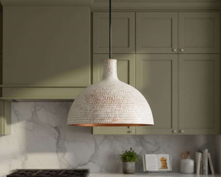 Hand Hammered Pendant Light, White Textured Brass Ceiling Lamp with Copper Interior, Modern Rustic Kitchen Lighting - Image 7