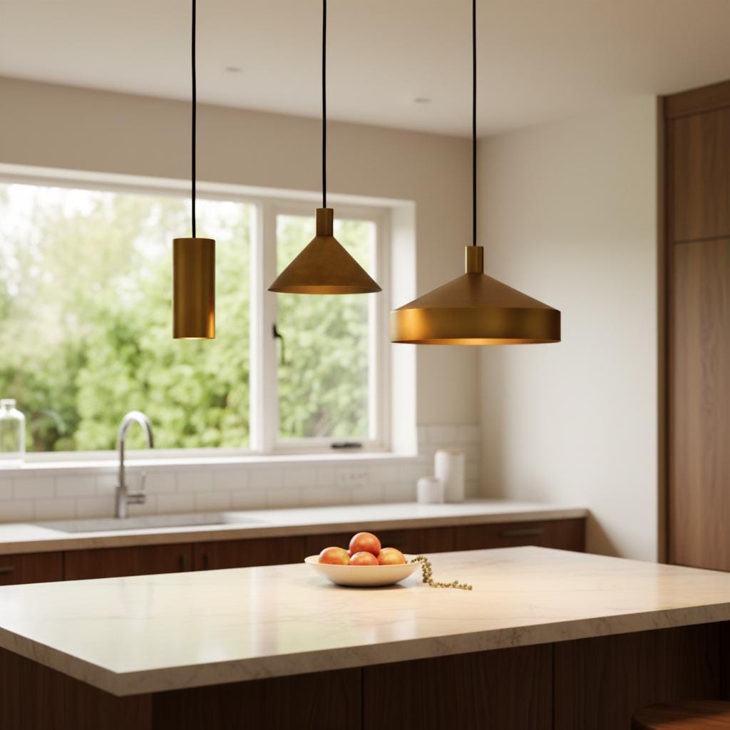 Brass Pendant Light Set of 3 | Modern Cone & Dome Hanging Lights | Kitchen Island Lighting | Scandinavian Minimalist Brass Ceiling Lamps - Image 6