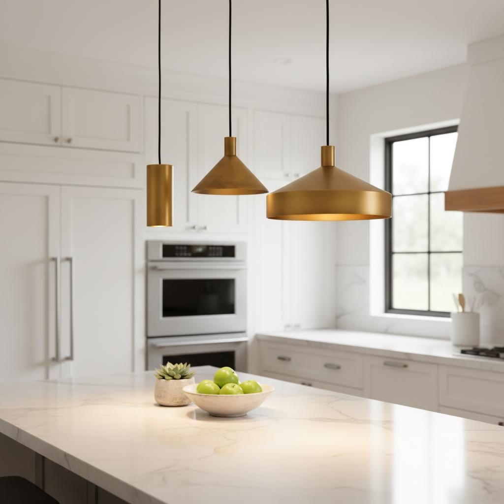 Brass Pendant Light Set of 3 | Modern Cone & Dome Hanging Lights | Kitchen Island Lighting | Scandinavian Minimalist Brass Ceiling Lamps - Image 5