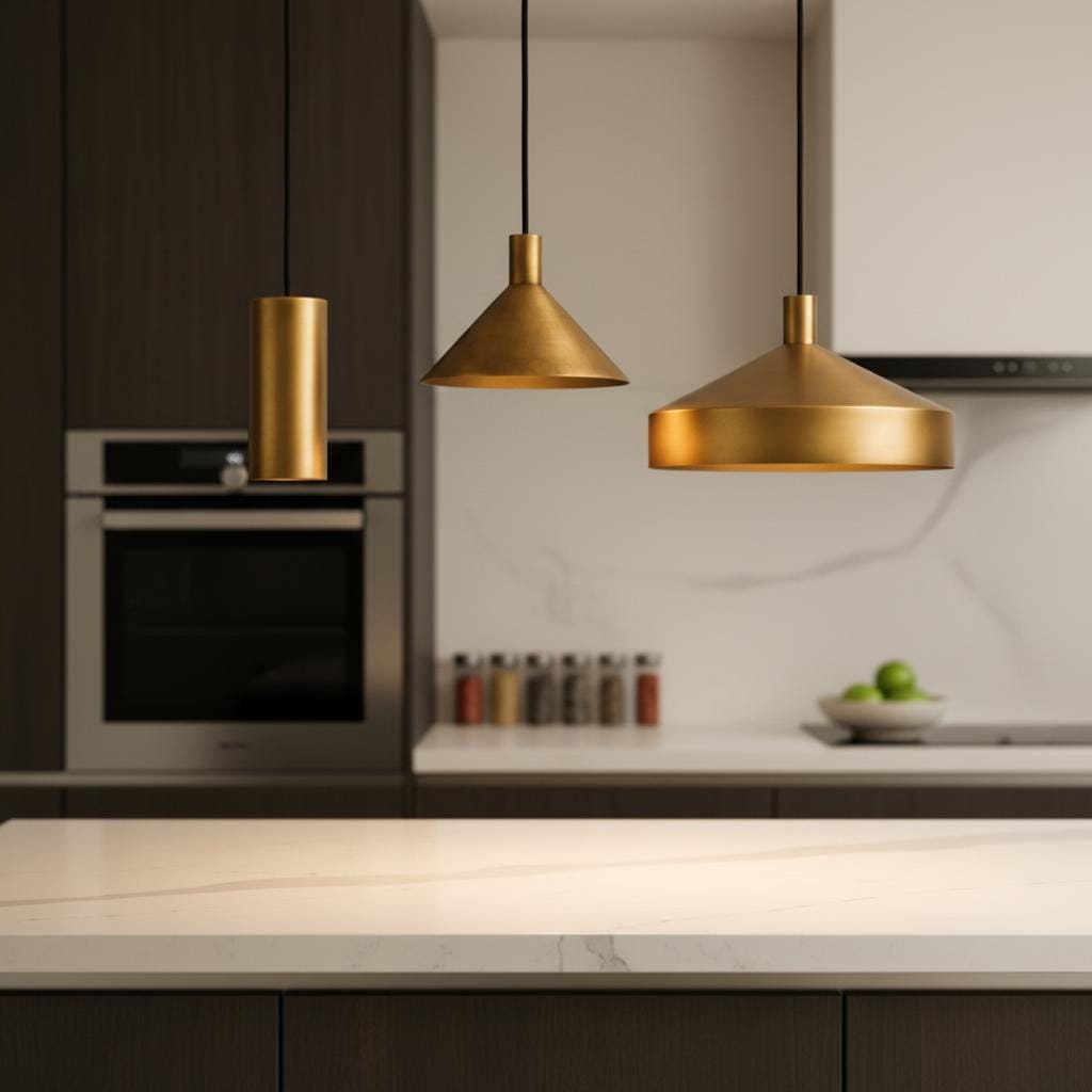 Brass Pendant Light Set of 3 | Modern Cone & Dome Hanging Lights | Kitchen Island Lighting | Scandinavian Minimalist Brass Ceiling Lamps - Image 8