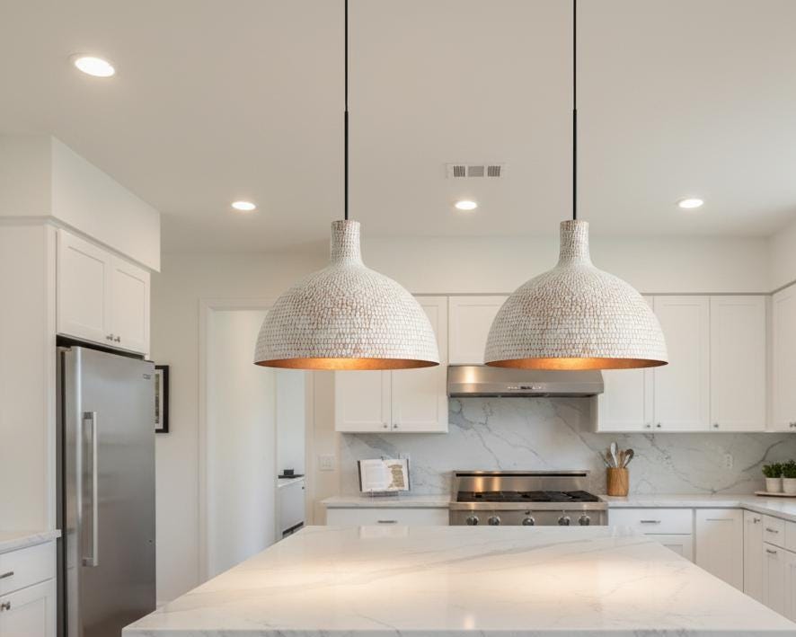 Hand Hammered Pendant Light, White Textured Brass Ceiling Lamp with Copper Interior, Modern Rustic Kitchen Lighting - Image 4