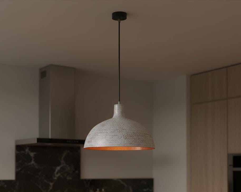Hand Hammered Pendant Light, White Textured Brass Ceiling Lamp with Copper Interior, Modern Rustic Kitchen Lighting - Image 5
