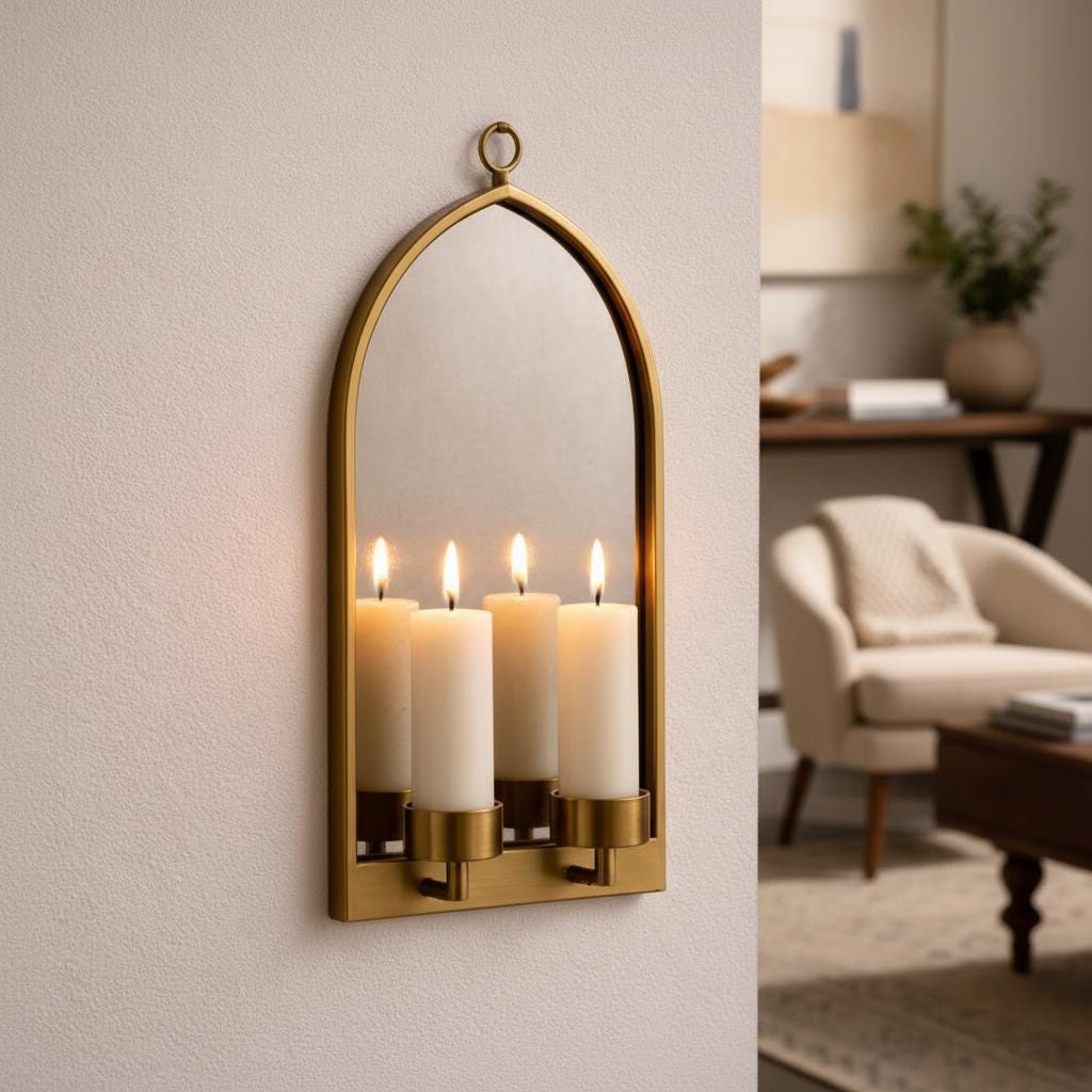 Brass Wall Candle Sconce – Handmade Arched Mirror Candle Holder - Image 3