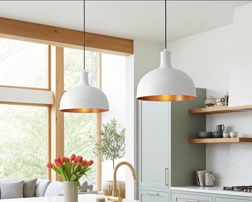White Hammered Dome Pendant Lamp | Modern Farmhouse Kitchen Lighting - Image 2