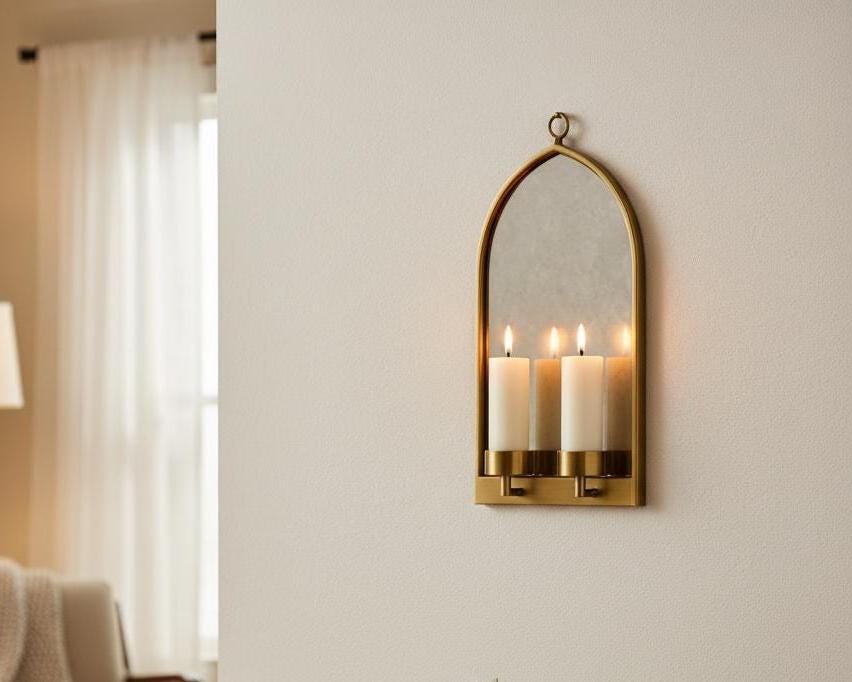 Brass Wall Candle Sconce – Handmade Arched Mirror Candle Holder - Image 5
