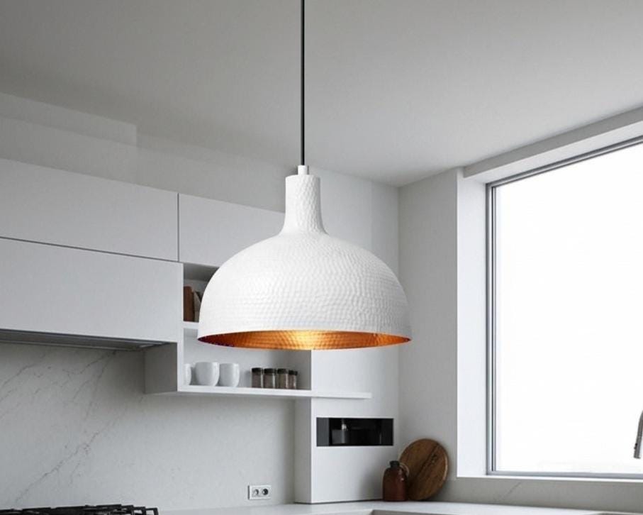 White Hammered Dome Pendant Lamp | Modern Farmhouse Kitchen Lighting - Image 7