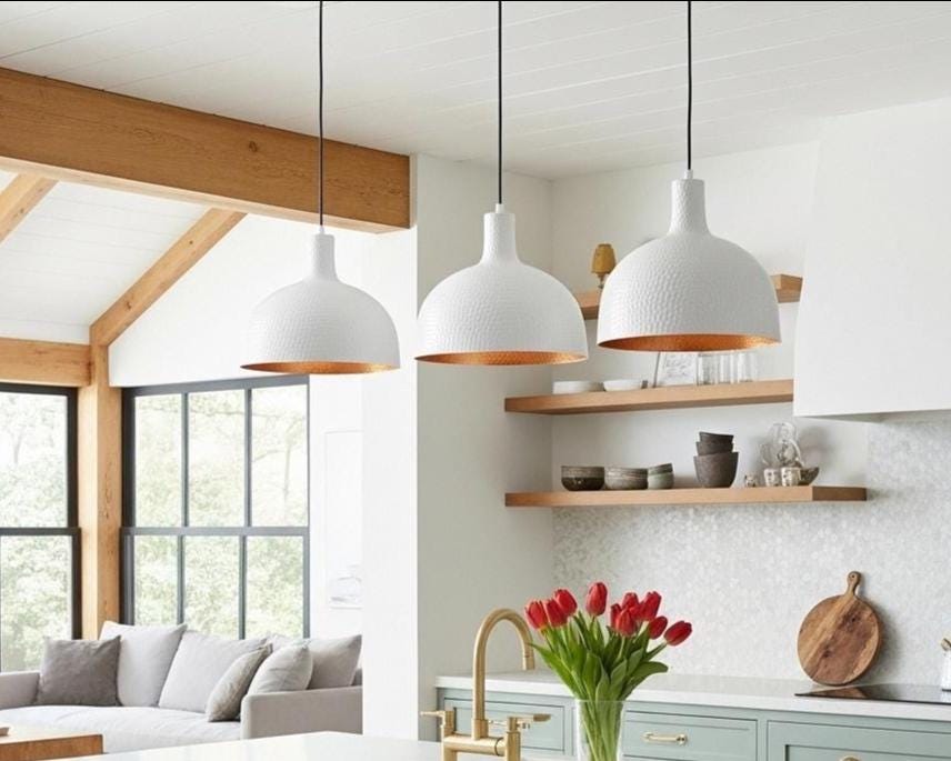 White Hammered Dome Pendant Lamp | Modern Farmhouse Kitchen Lighting - Image 5