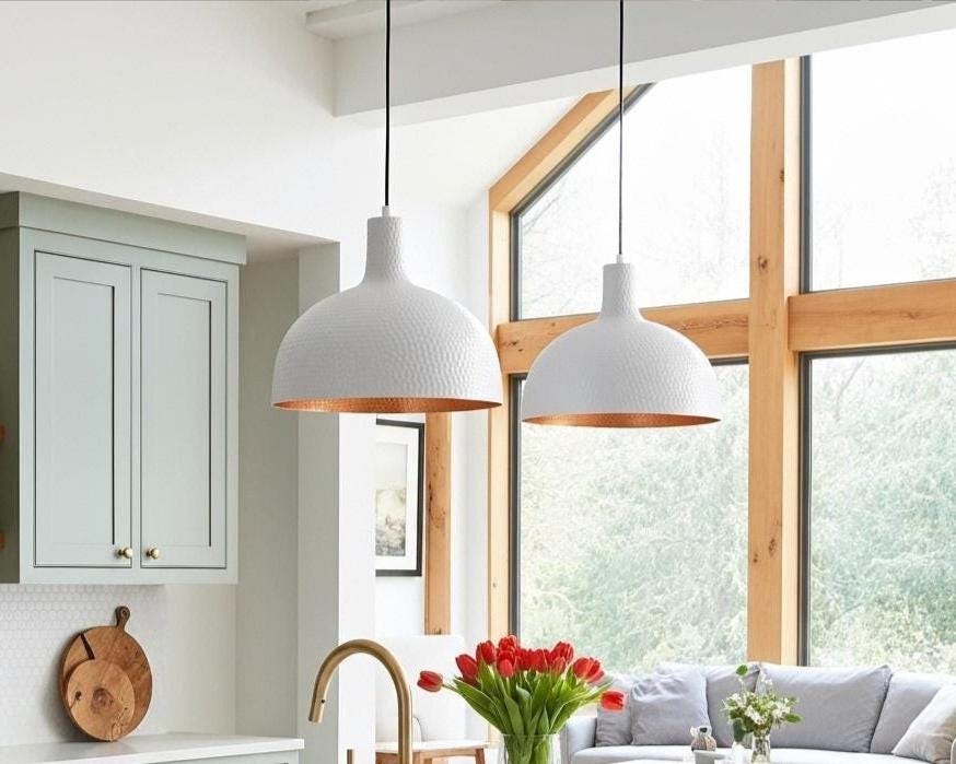 White Hammered Dome Pendant Lamp | Modern Farmhouse Kitchen Lighting - Image 6