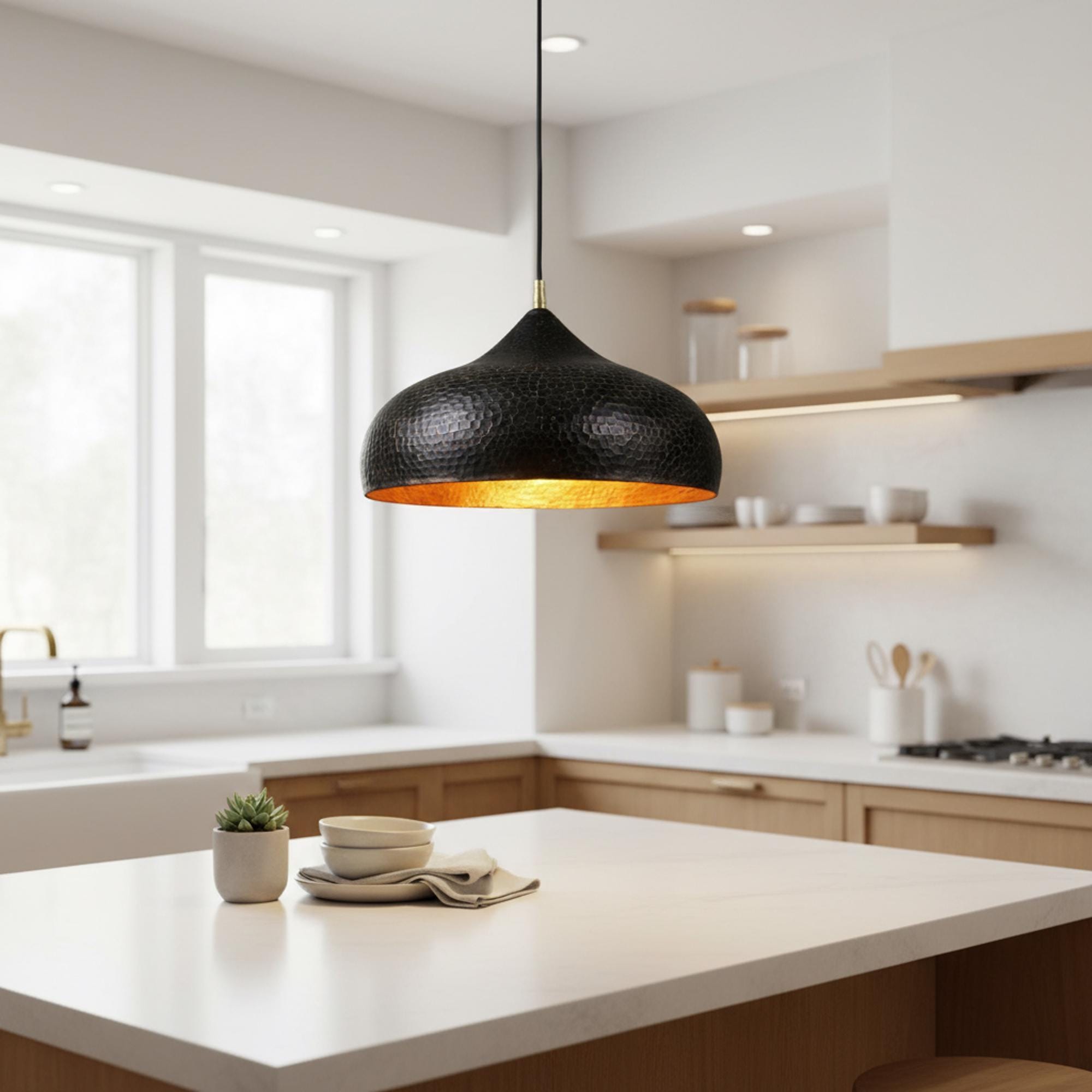 Brass Hanging Light – Handmade Hammered Dome Pendant - Image 4