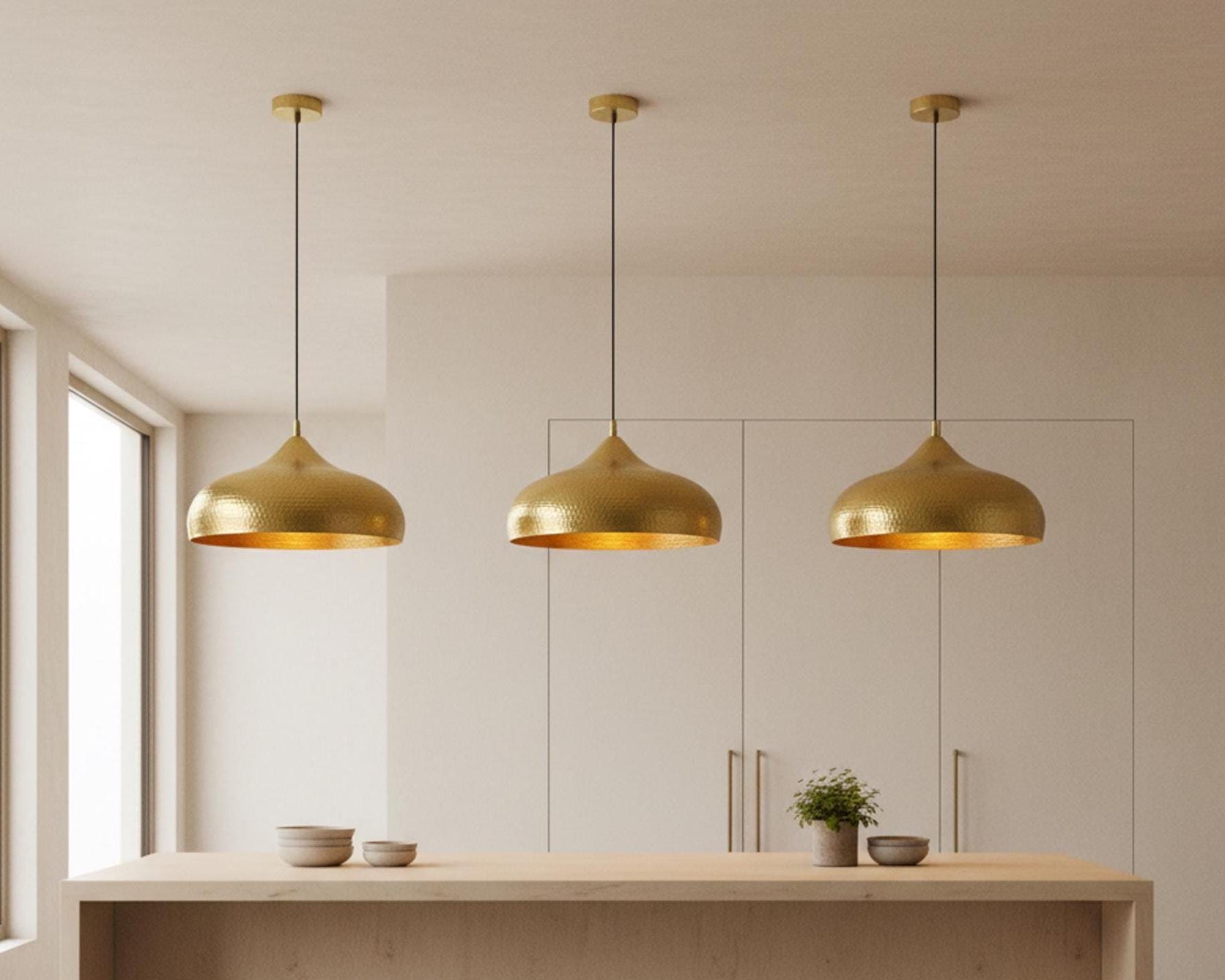 Dome Light Fixture, Hammered Brass Pendant for Kitchen Island, Modern Moroccan Ceiling Lamp - Image 2