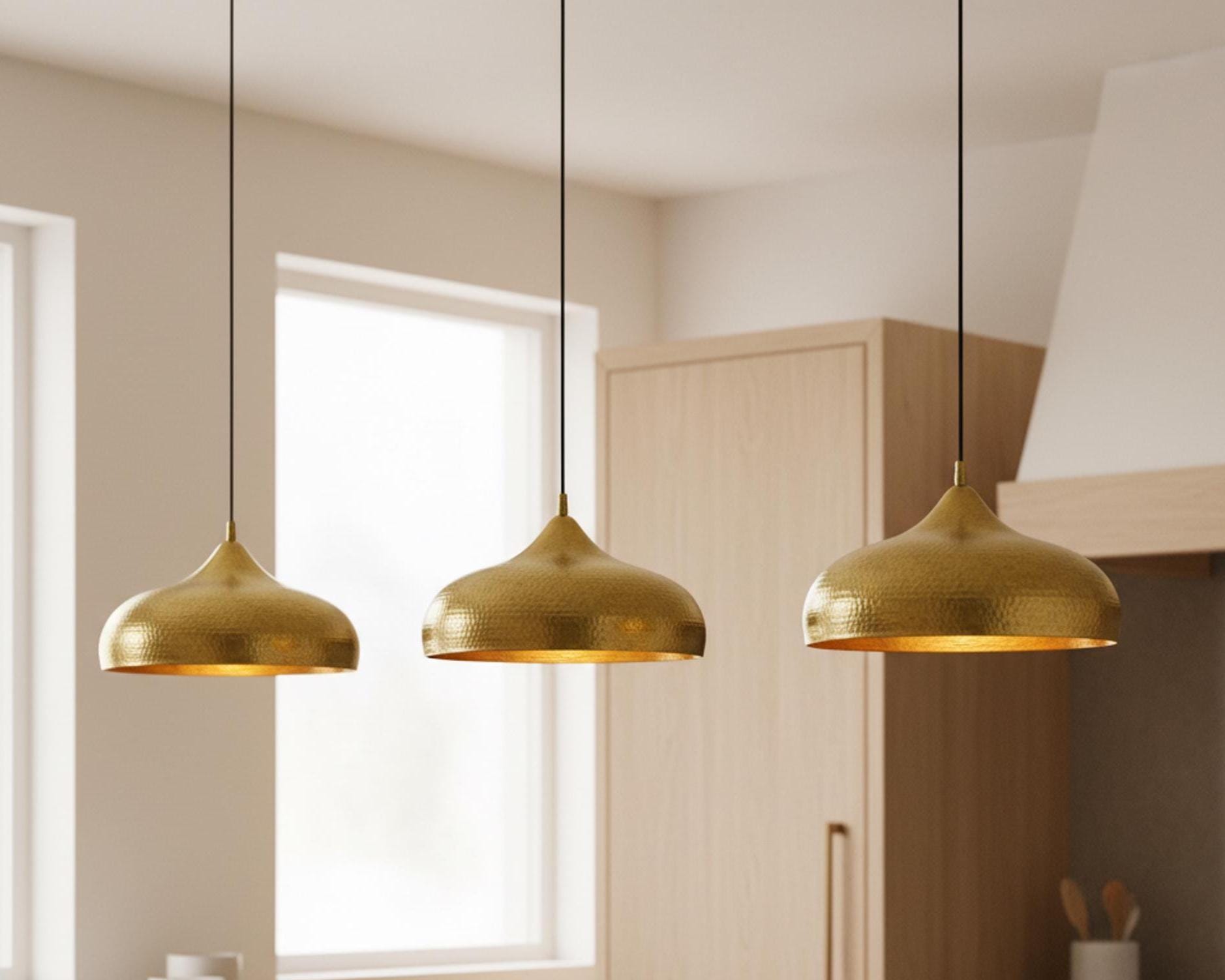 Dome Light Fixture, Hammered Brass Pendant for Kitchen Island, Modern Moroccan Ceiling Lamp - Image 3