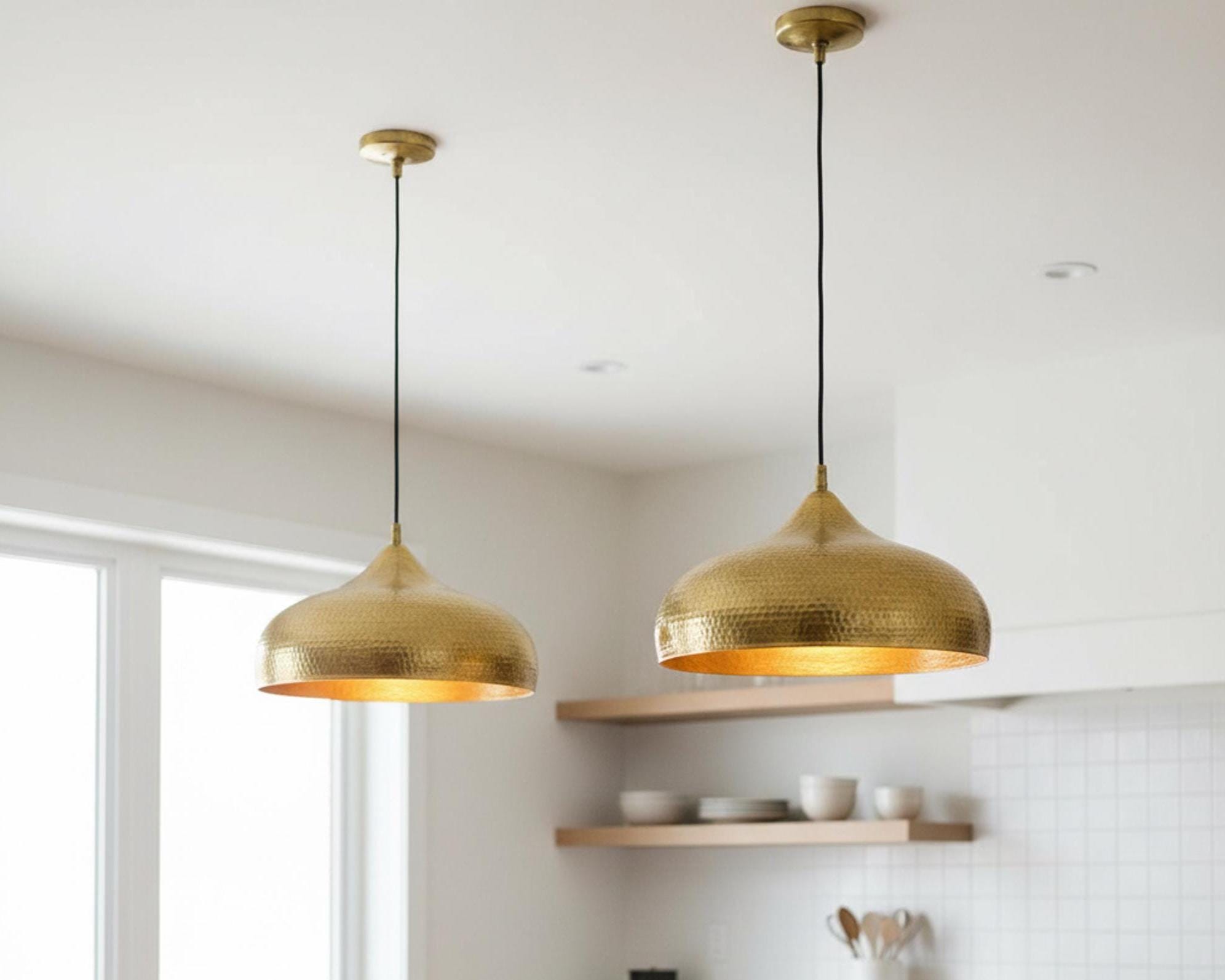 Dome Light Fixture, Hammered Brass Pendant for Kitchen Island, Modern Moroccan Ceiling Lamp - Image 4