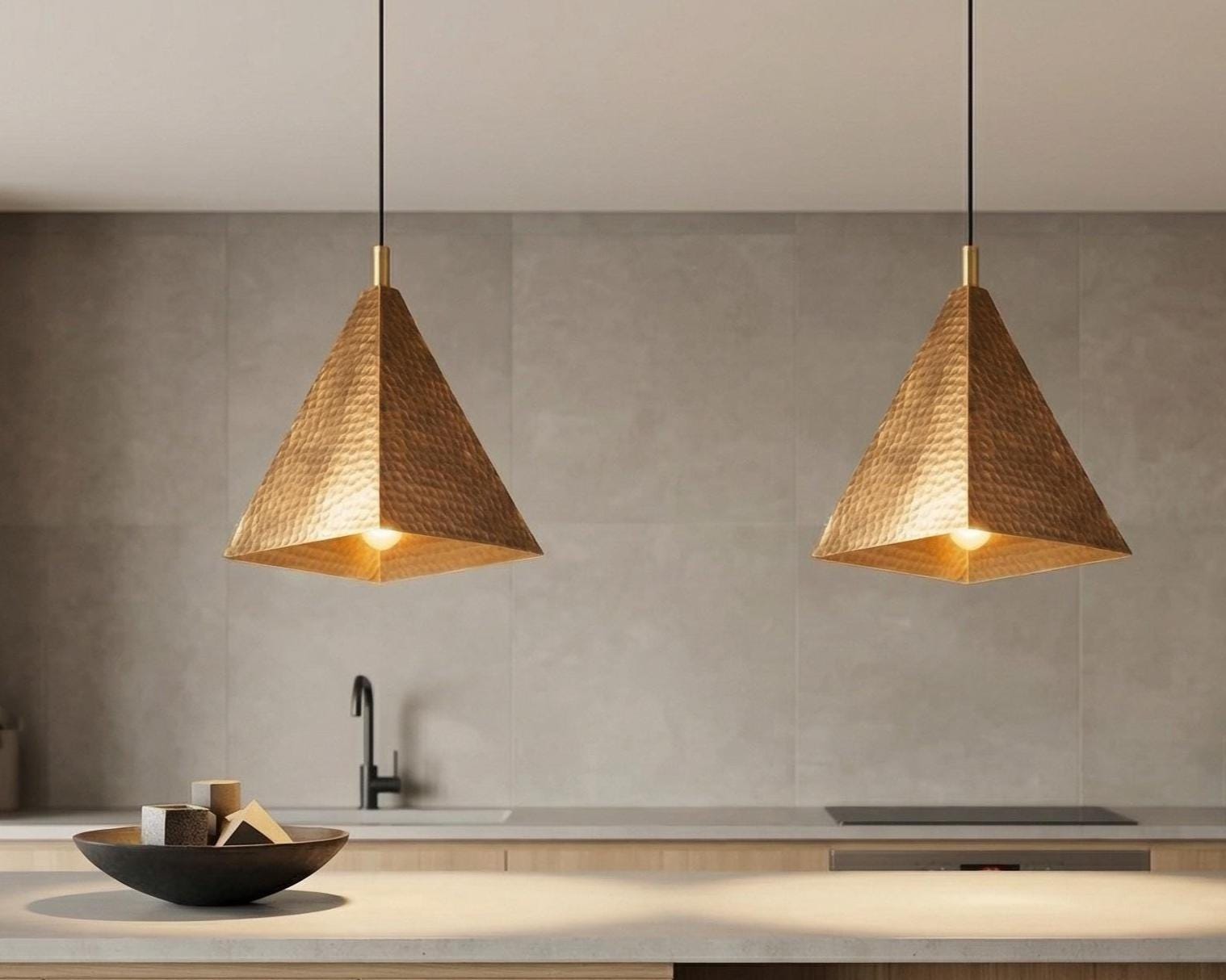 Handmade Moroccan Pyramid Pendant Light, Hammered Brass or Copper Kitchen Island Lamp - Image 9