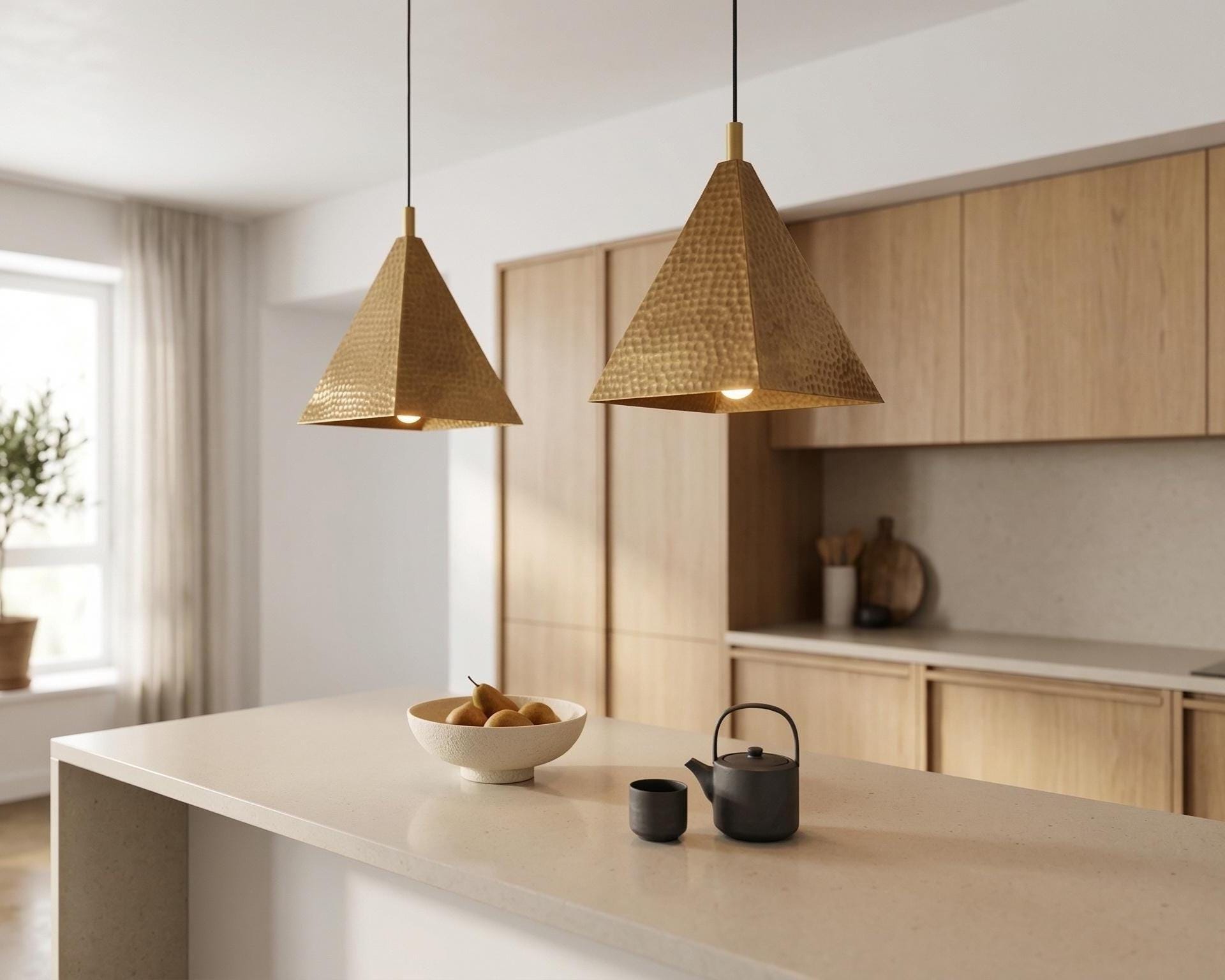 Handmade Moroccan Pyramid Pendant Light, Hammered Brass or Copper Kitchen Island Lamp - Image 2