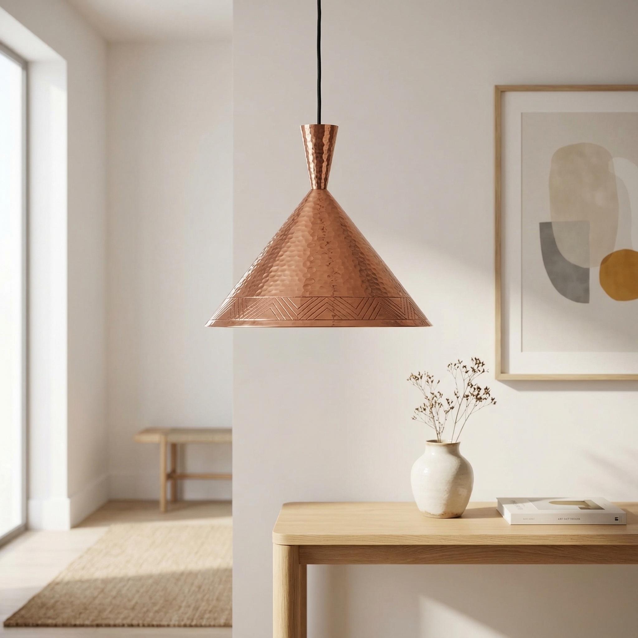 Handmade Moroccan pendant lamp in hammered copper cone design