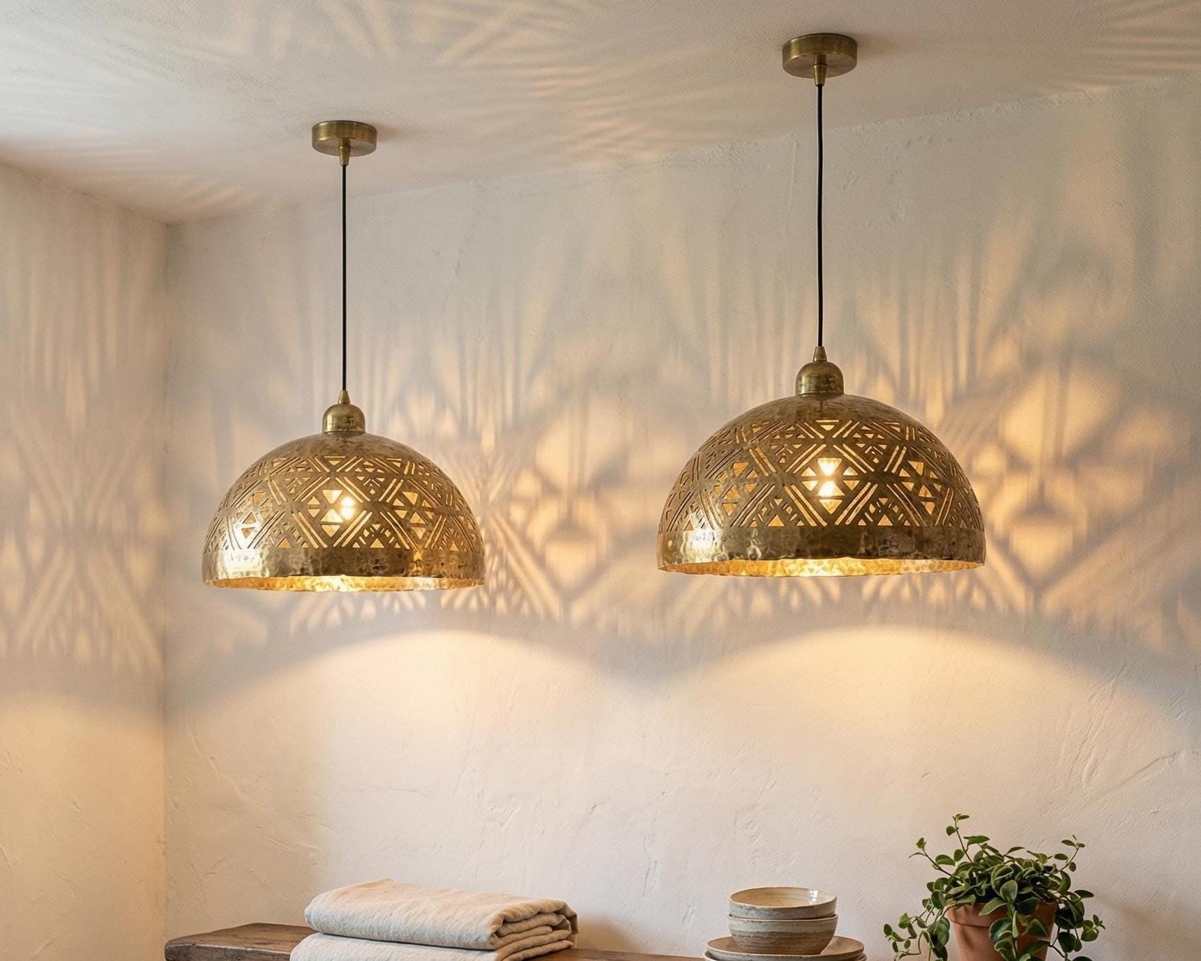 Brass Dome Pendant Light Moroccan | Geometric Ceiling Lamp Kitchen Dining - Image 2