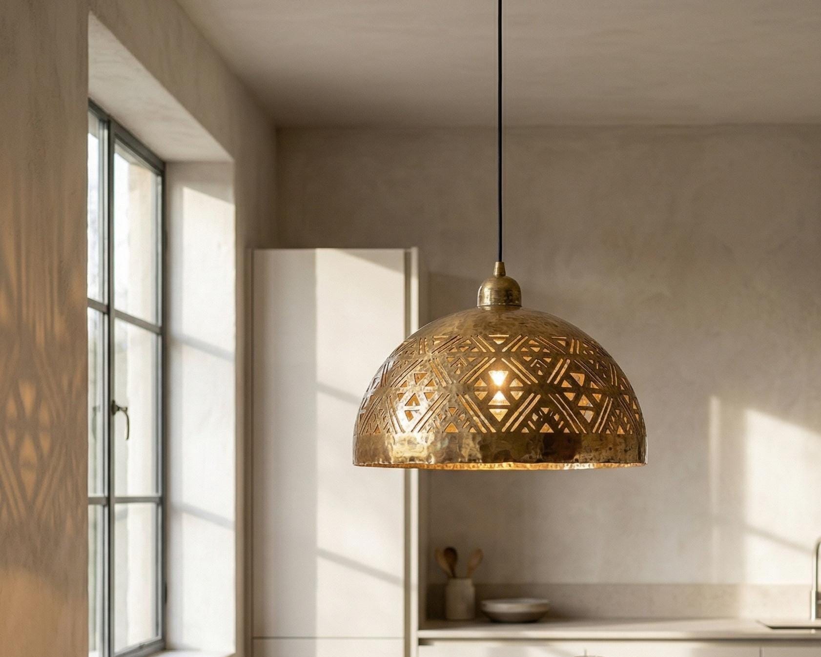 Brass Dome Pendant Light Moroccan | Geometric Ceiling Lamp Kitchen Dining - Image 4