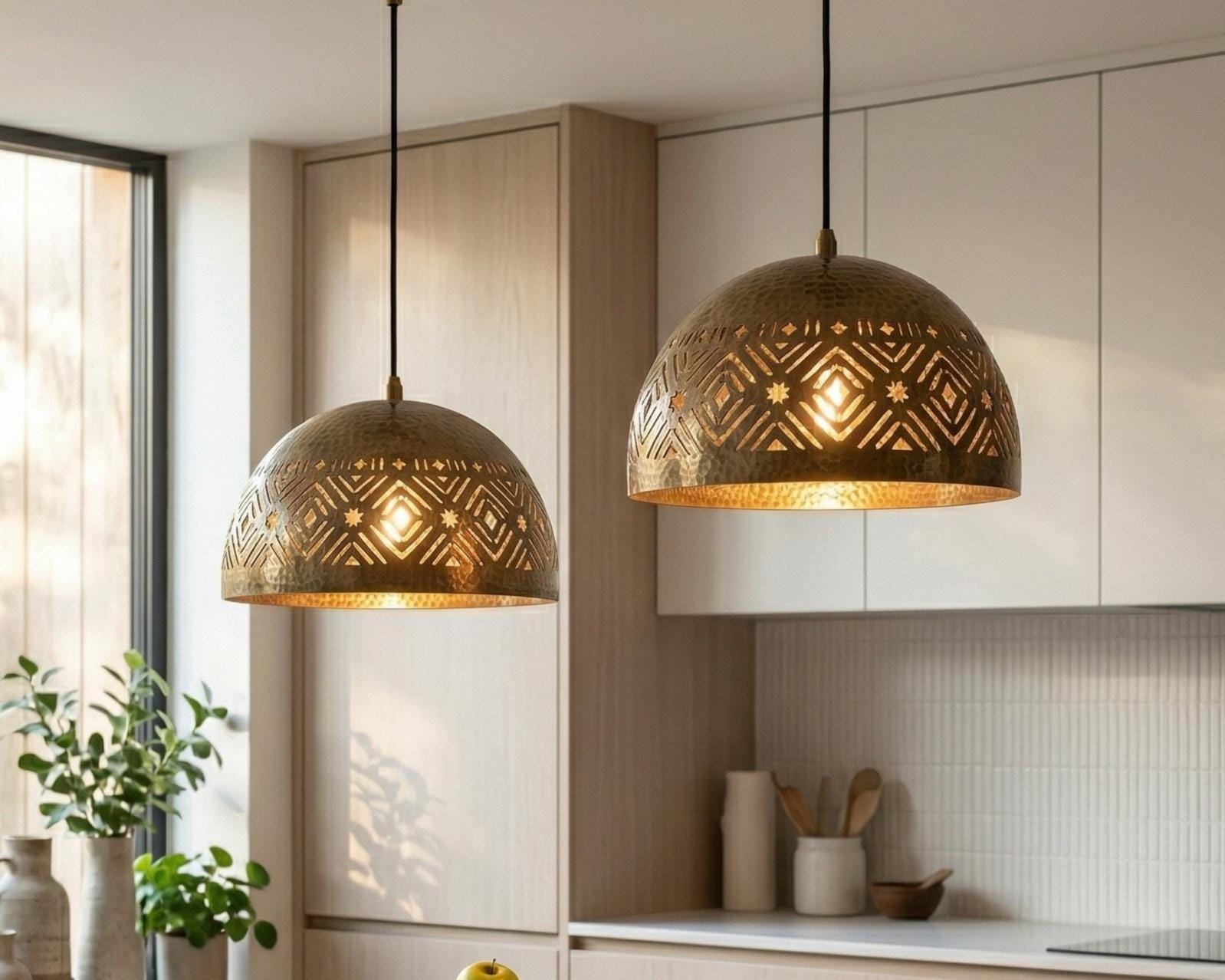 Brass Dome Pendant Light Moroccan | Vintage Hanging Lamp Kitchen Dining - Image 2