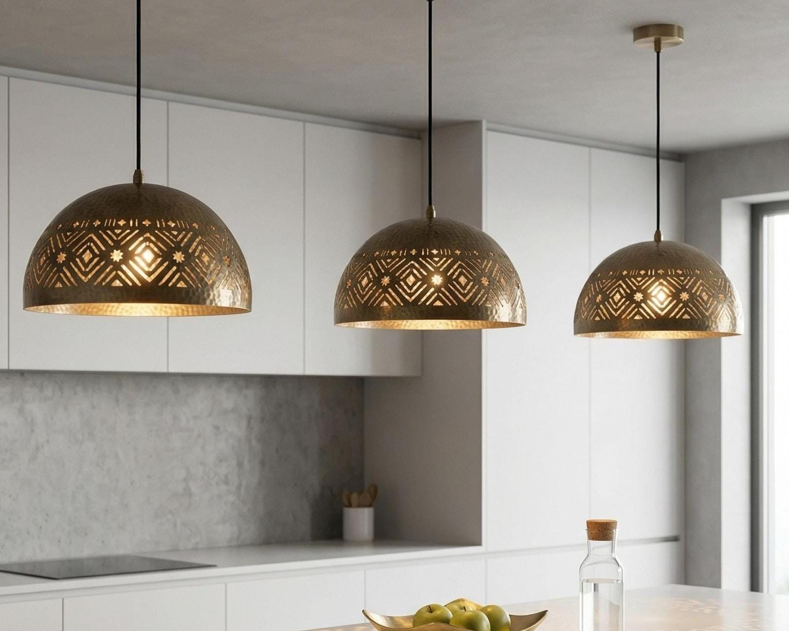 Brass Dome Pendant Light Moroccan | Vintage Hanging Lamp Kitchen Dining - Image 3