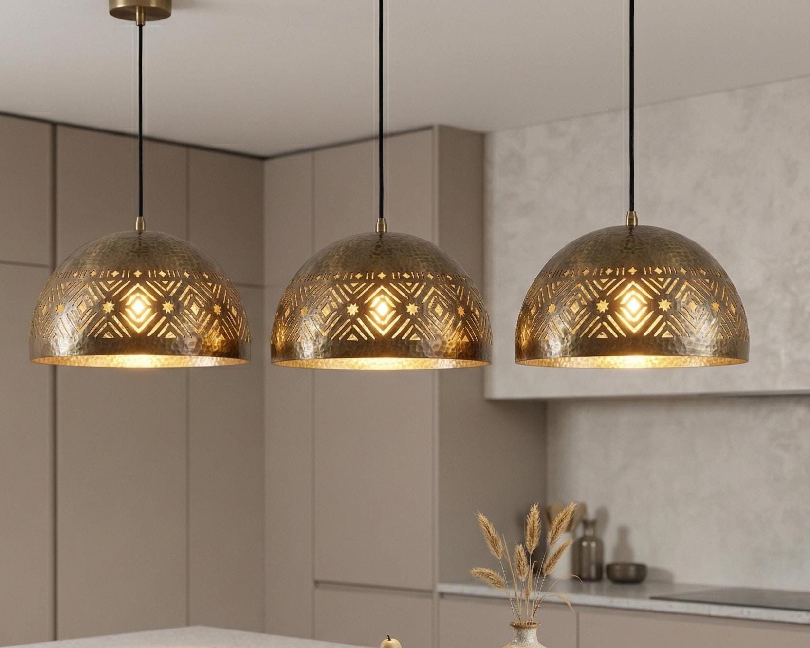 Brass Dome Pendant Light Moroccan | Vintage Hanging Lamp Kitchen Dining - Image 4