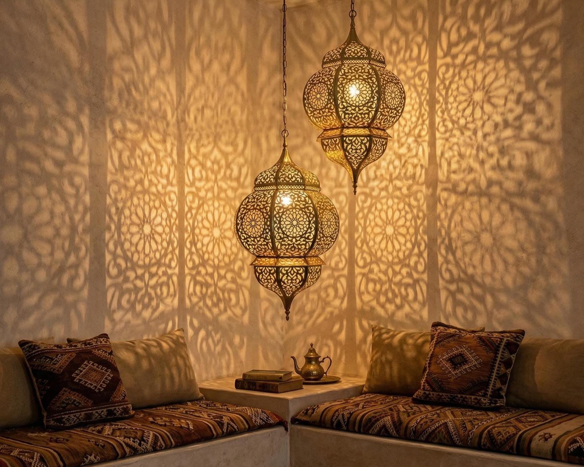 Moroccan Brass Pendant Lantern, Handmade Boho Hanging Fixture, Decorative Home Lighting - Image 2