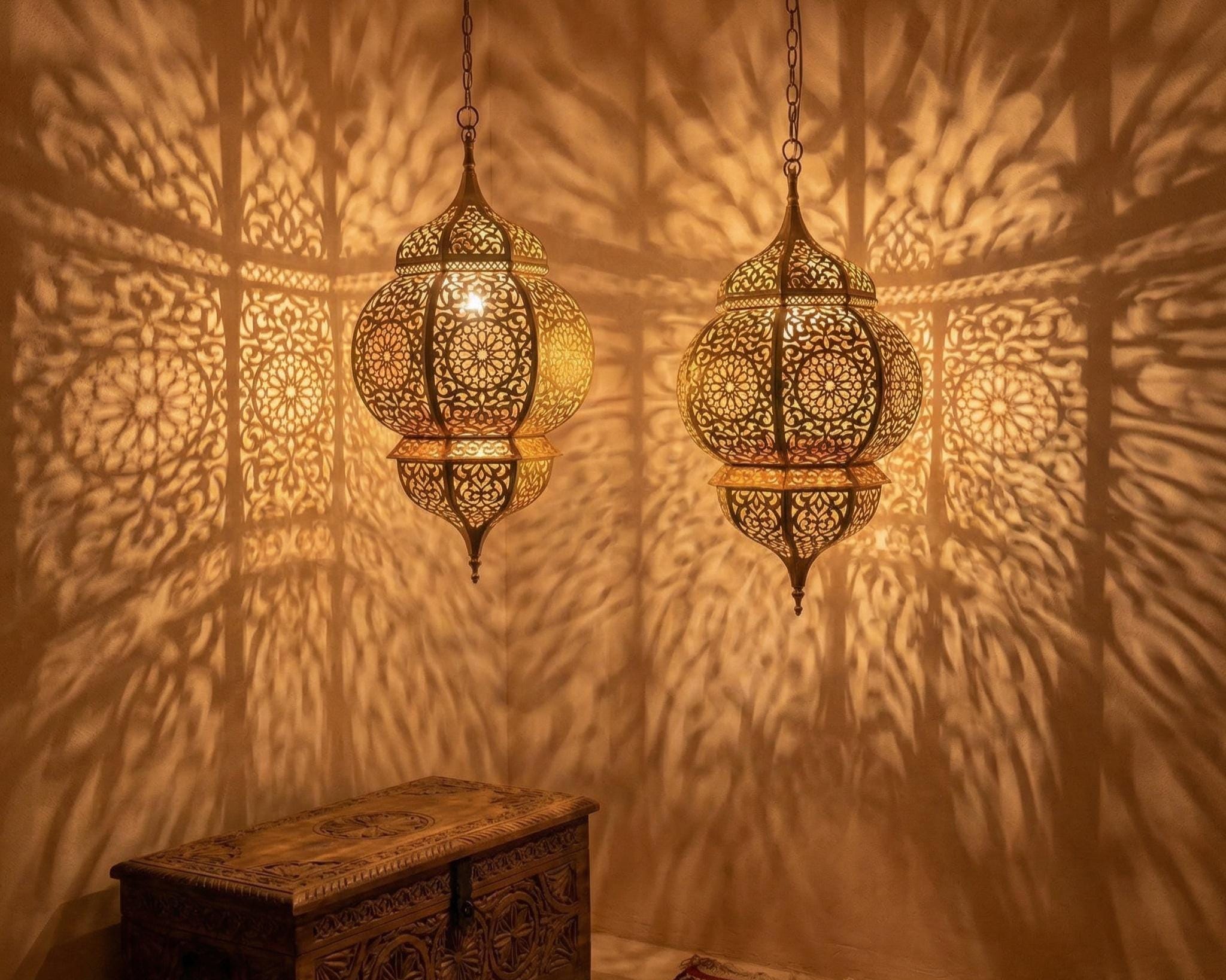 Moroccan Brass Pendant Lantern, Handmade Boho Hanging Fixture, Decorative Home Lighting - Image 5