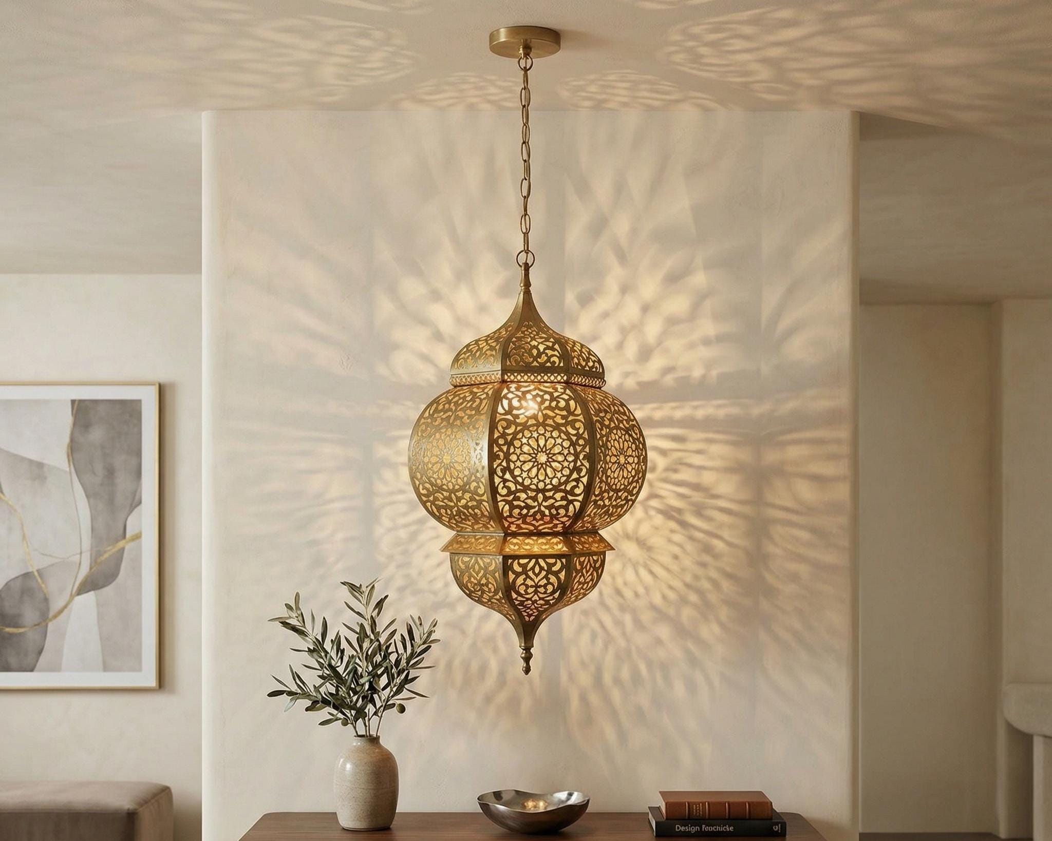 Moroccan Brass Pendant Lantern, Handmade Boho Hanging Fixture, Decorative Home Lighting - Image 6