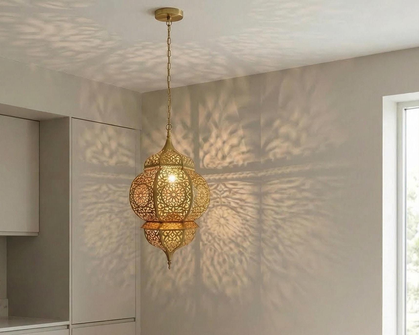 Moroccan Brass Pendant Lantern, Handmade Boho Hanging Fixture, Decorative Home Lighting - Image 8