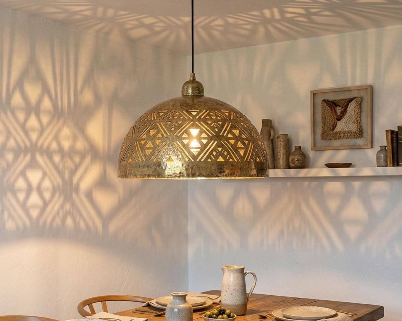 Brass Dome Pendant Light Moroccan | Geometric Ceiling Lamp Kitchen Dining - Image 3
