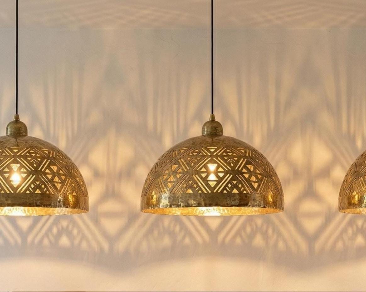 Brass Dome Pendant Light Moroccan | Geometric Ceiling Lamp Kitchen Dining - Image 5