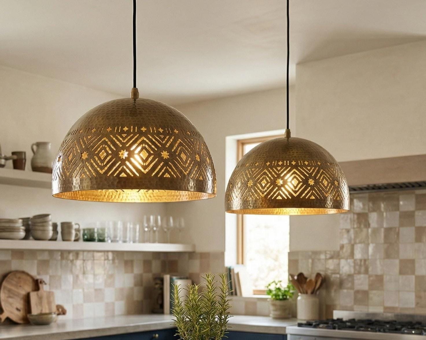 Brass Dome Pendant Light Moroccan | Vintage Hanging Lamp Kitchen Dining - Image 5