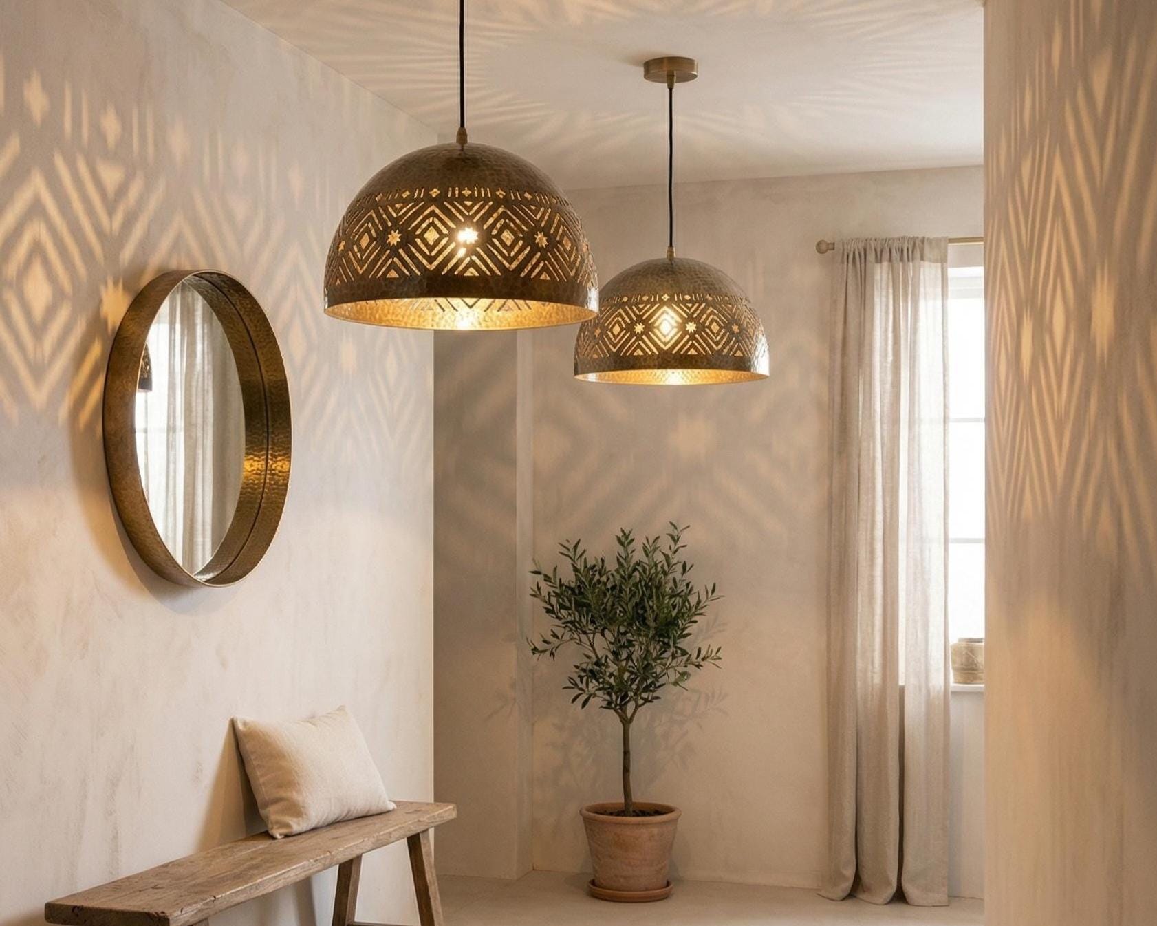 Brass Dome Pendant Light Moroccan | Vintage Hanging Lamp Kitchen Dining - Image 7