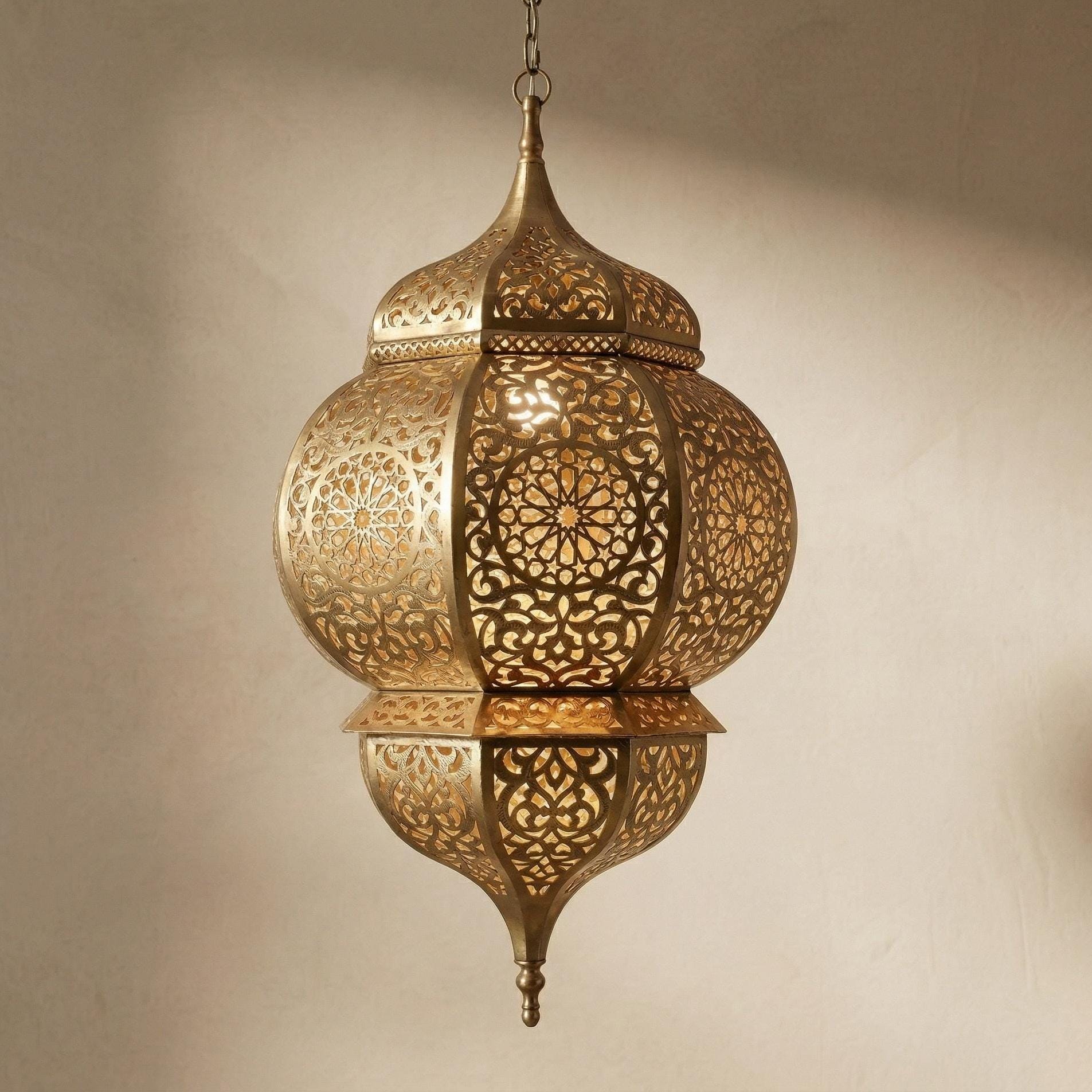 Moroccan Brass Pendant Lantern, Handmade Boho Hanging Fixture, Decorative Home Lighting