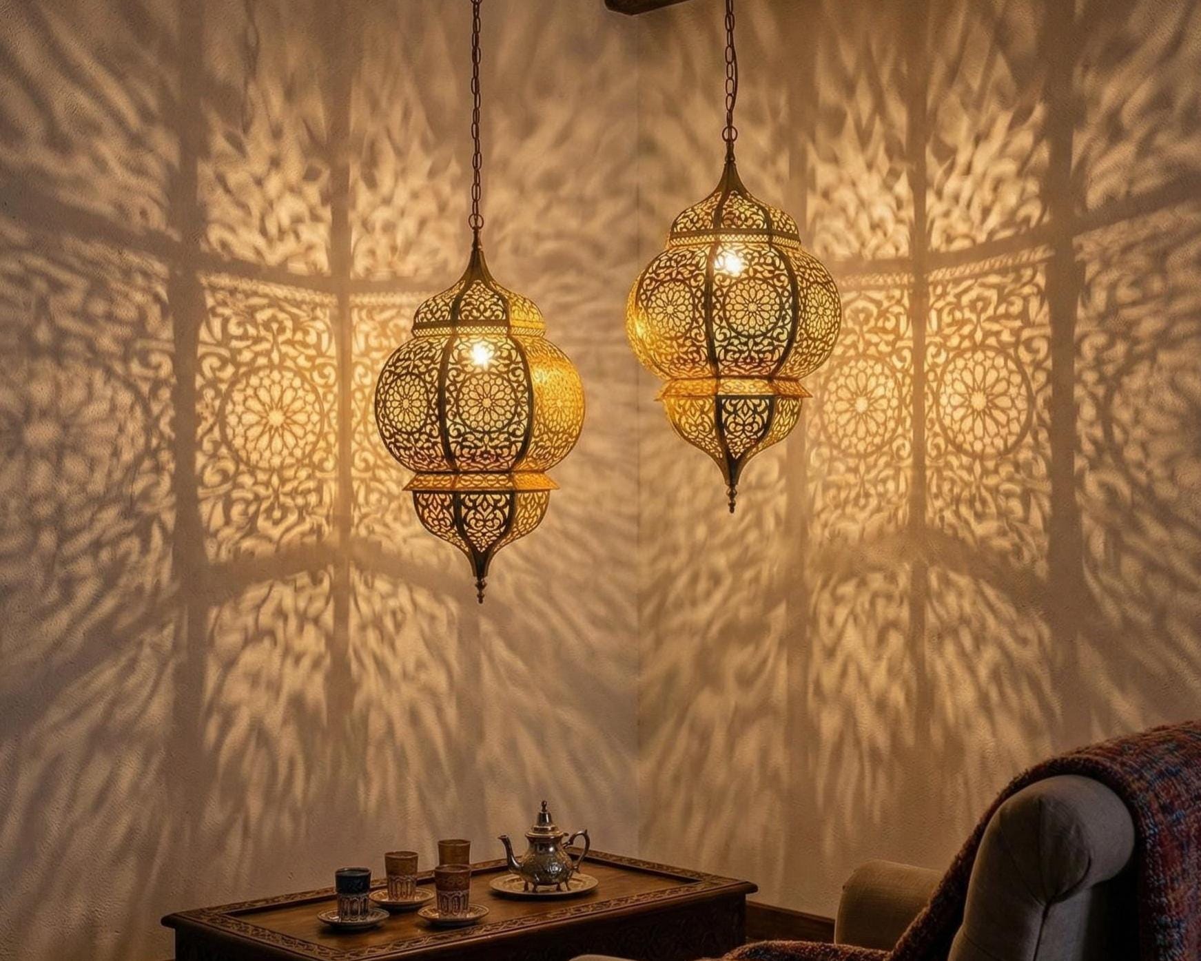 Moroccan Brass Pendant Lantern, Handmade Boho Hanging Fixture, Decorative Home Lighting - Image 4