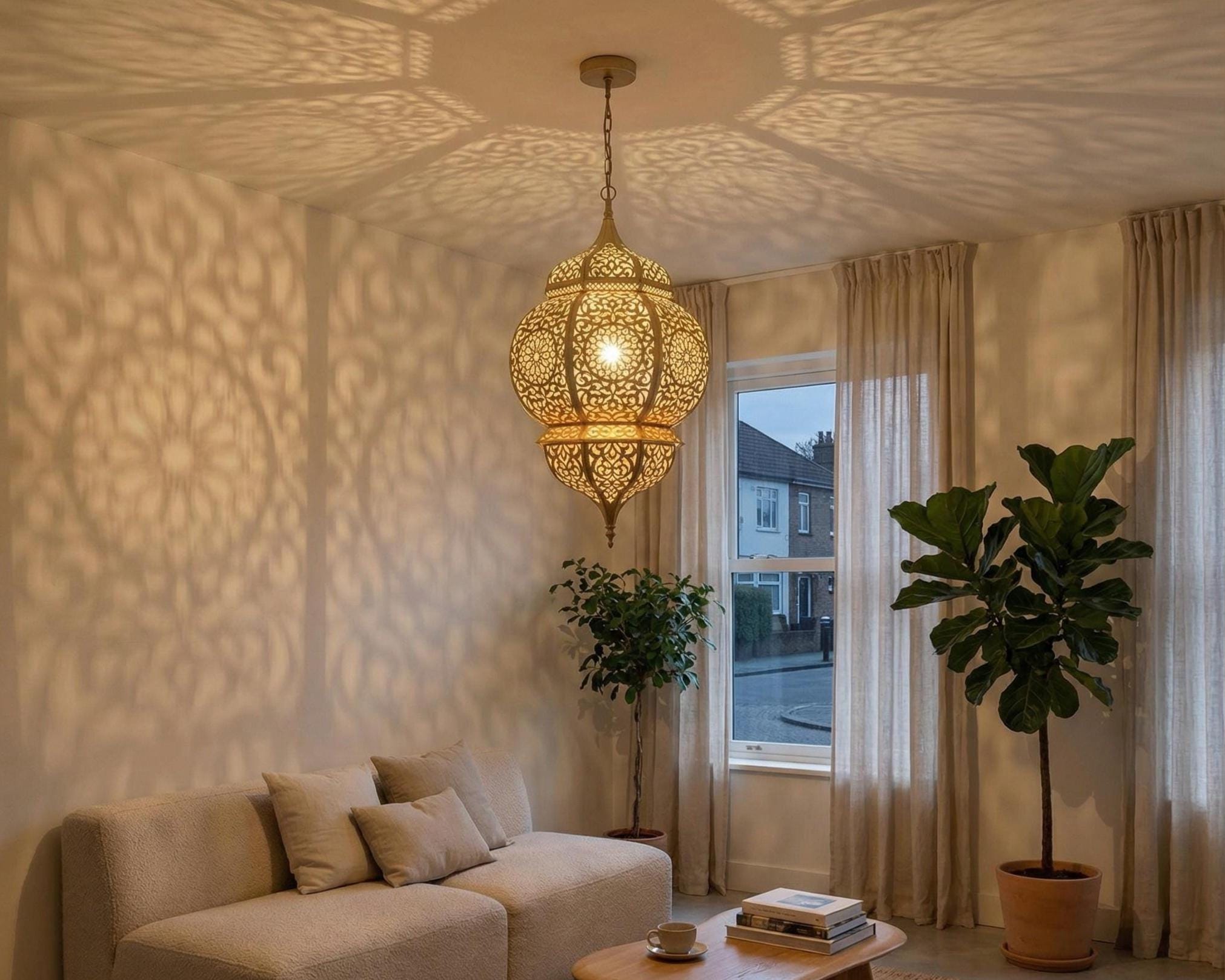 Moroccan Brass Pendant Lantern, Handmade Boho Hanging Fixture, Decorative Home Lighting - Image 7