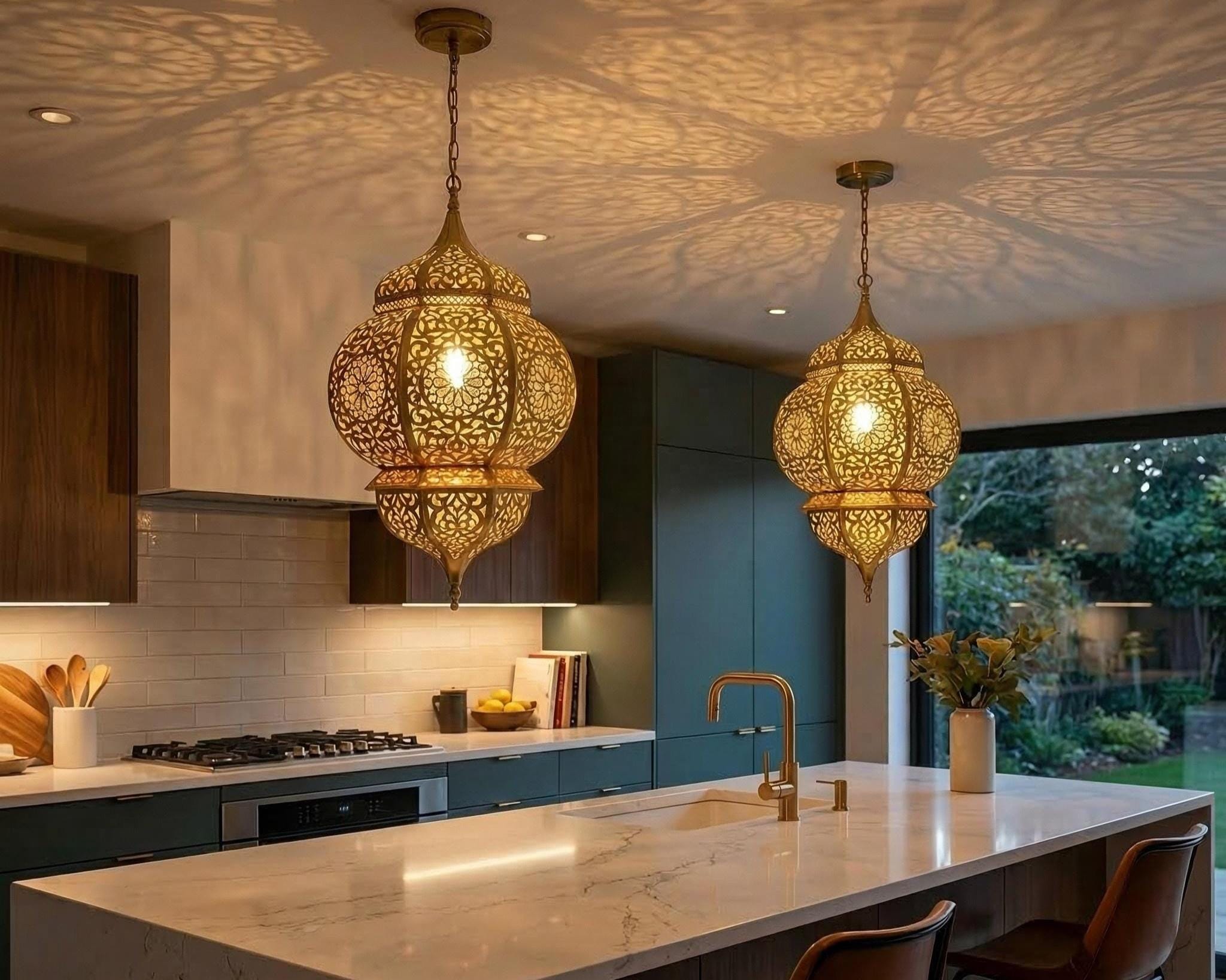 Moroccan Brass Pendant Lantern, Handmade Boho Hanging Fixture, Decorative Home Lighting - Image 3