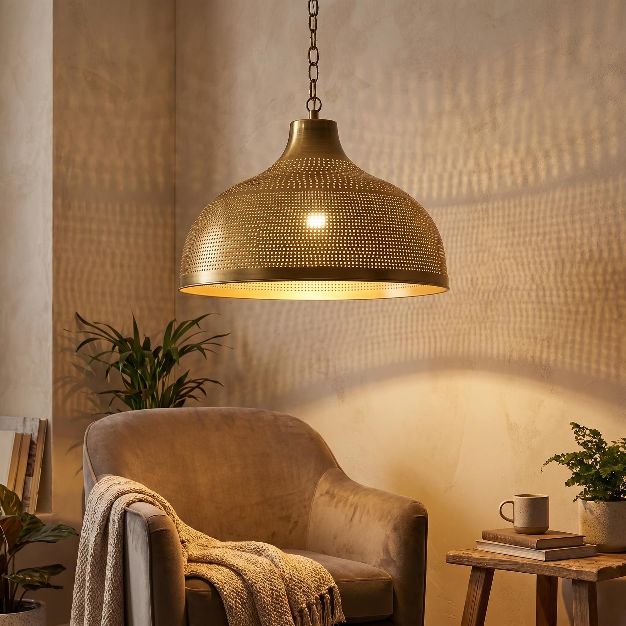 Brass Dome Pendant for Kitchen Island, Moroccan Ceiling Fixture, Perforated Hanging Light - Image 4