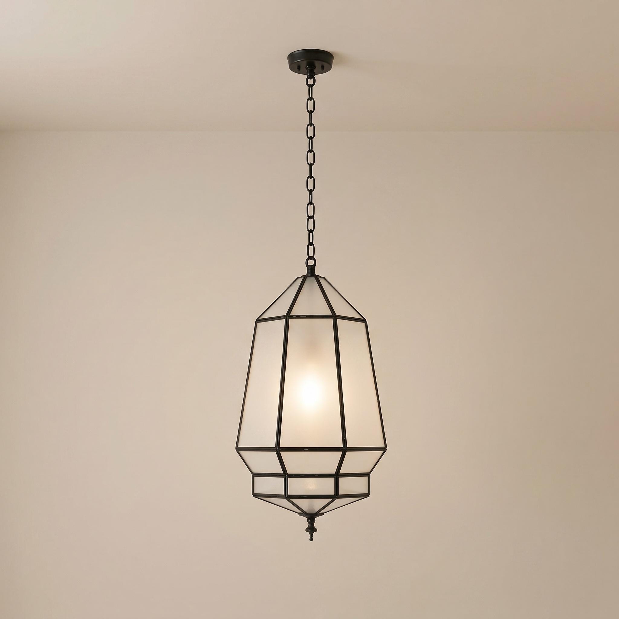 Handmade Geometric Glass Pendant Light – Brass Frame, Frosted Panels, Modern Boho Lighting