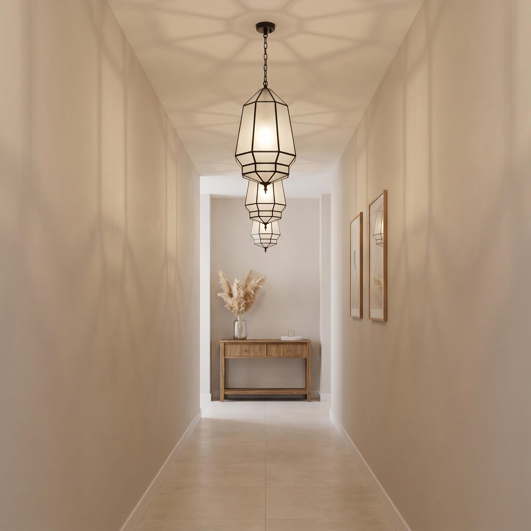 Handmade Geometric Glass Pendant Light – Brass Frame, Frosted Panels, Modern Boho Lighting - Image 2
