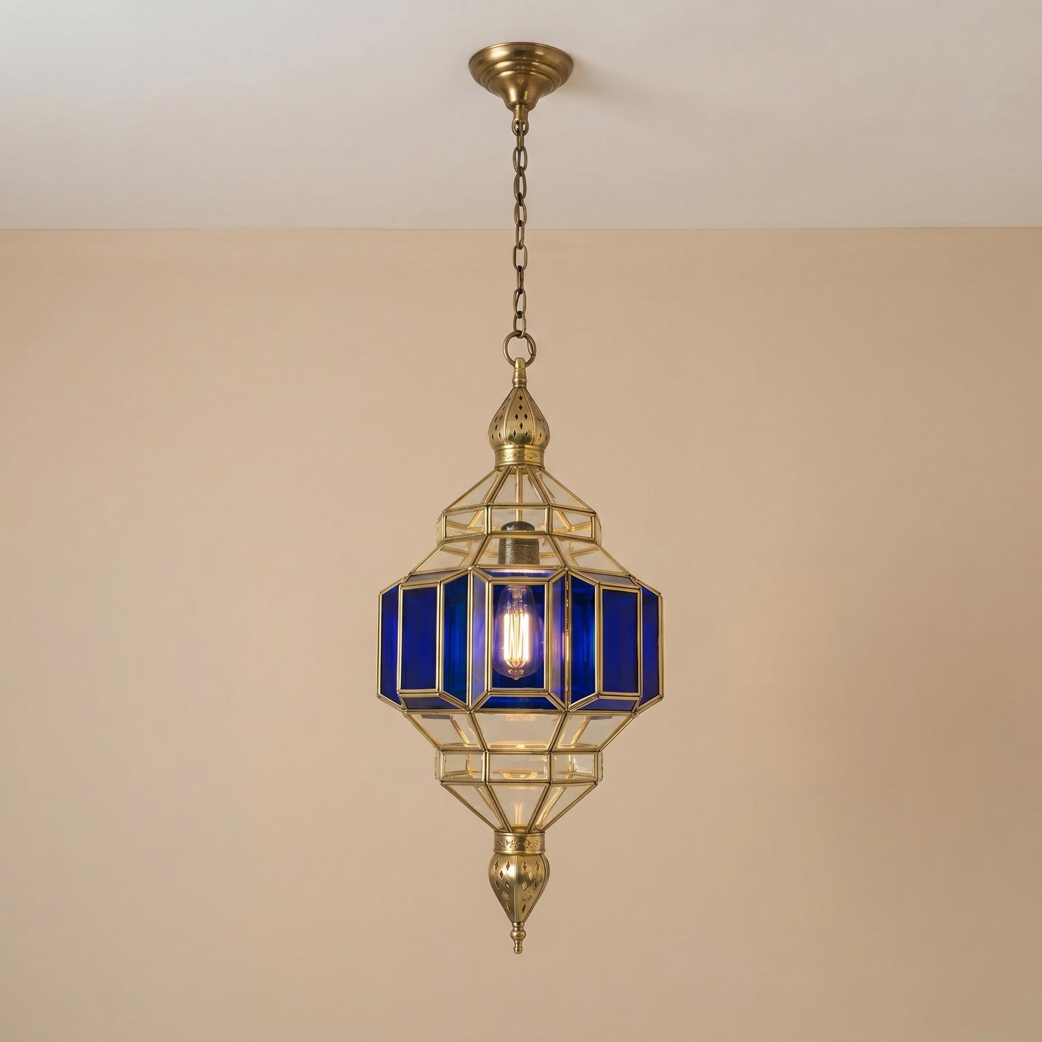 Handmade Blue Glass Pendant Light – Brass Hanging Lamp, Modern Moroccan Style Ceiling Fixture