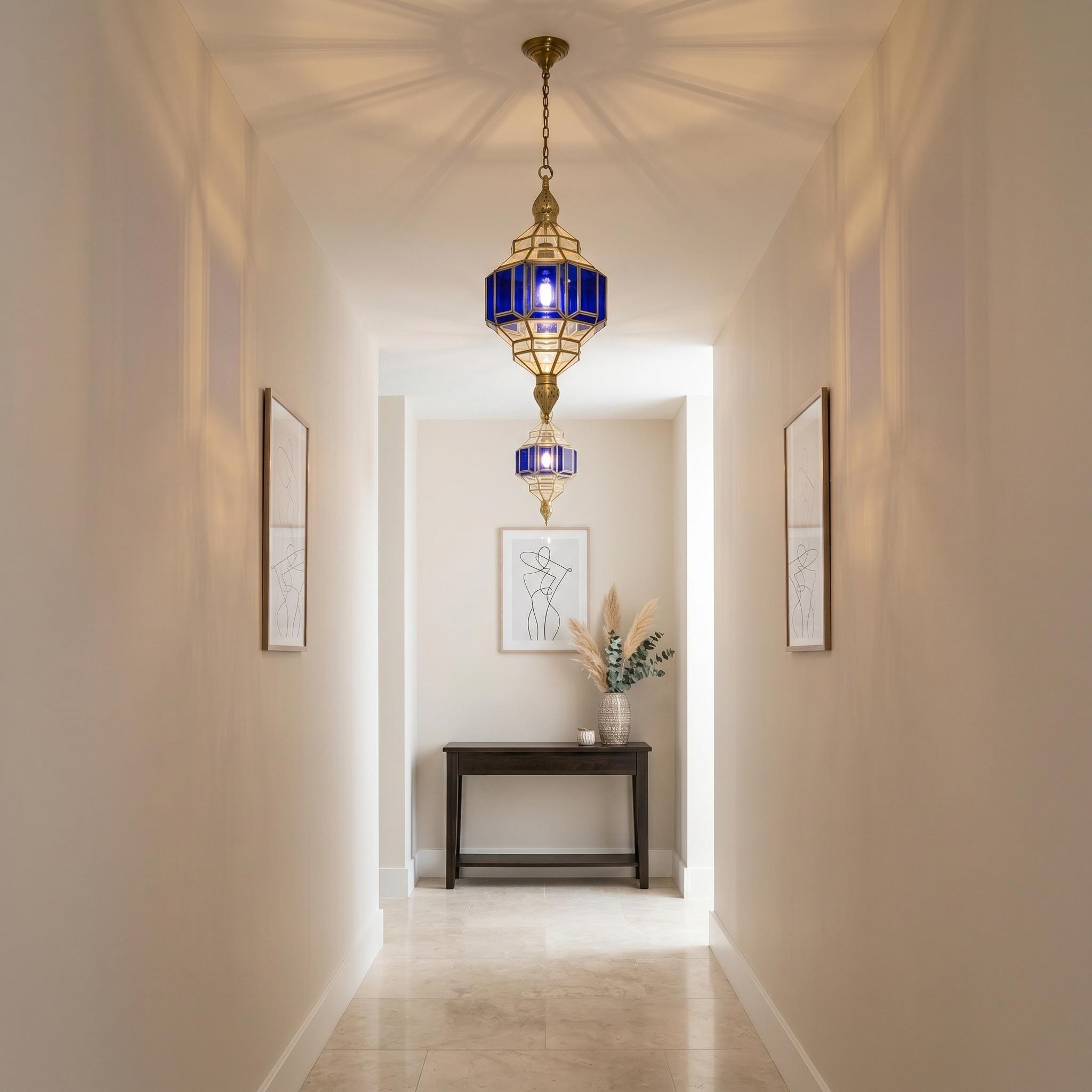 Handmade Blue Glass Pendant Light – Brass Hanging Lamp, Modern Moroccan Style Ceiling Fixture - Image 3