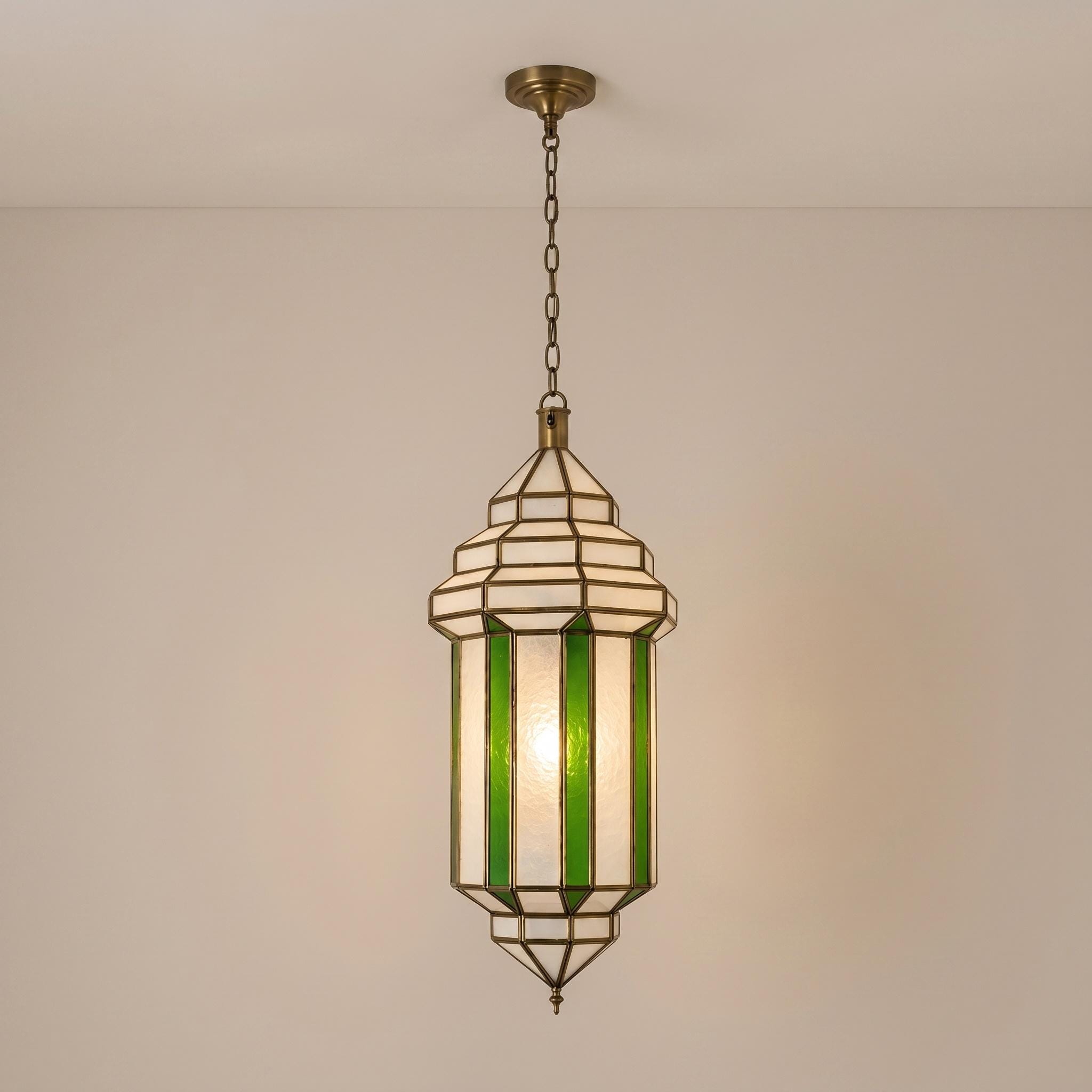 Handmade Green Glass Pendant Light – Brass Hanging Lantern, Moroccan Style Ceiling Fixture