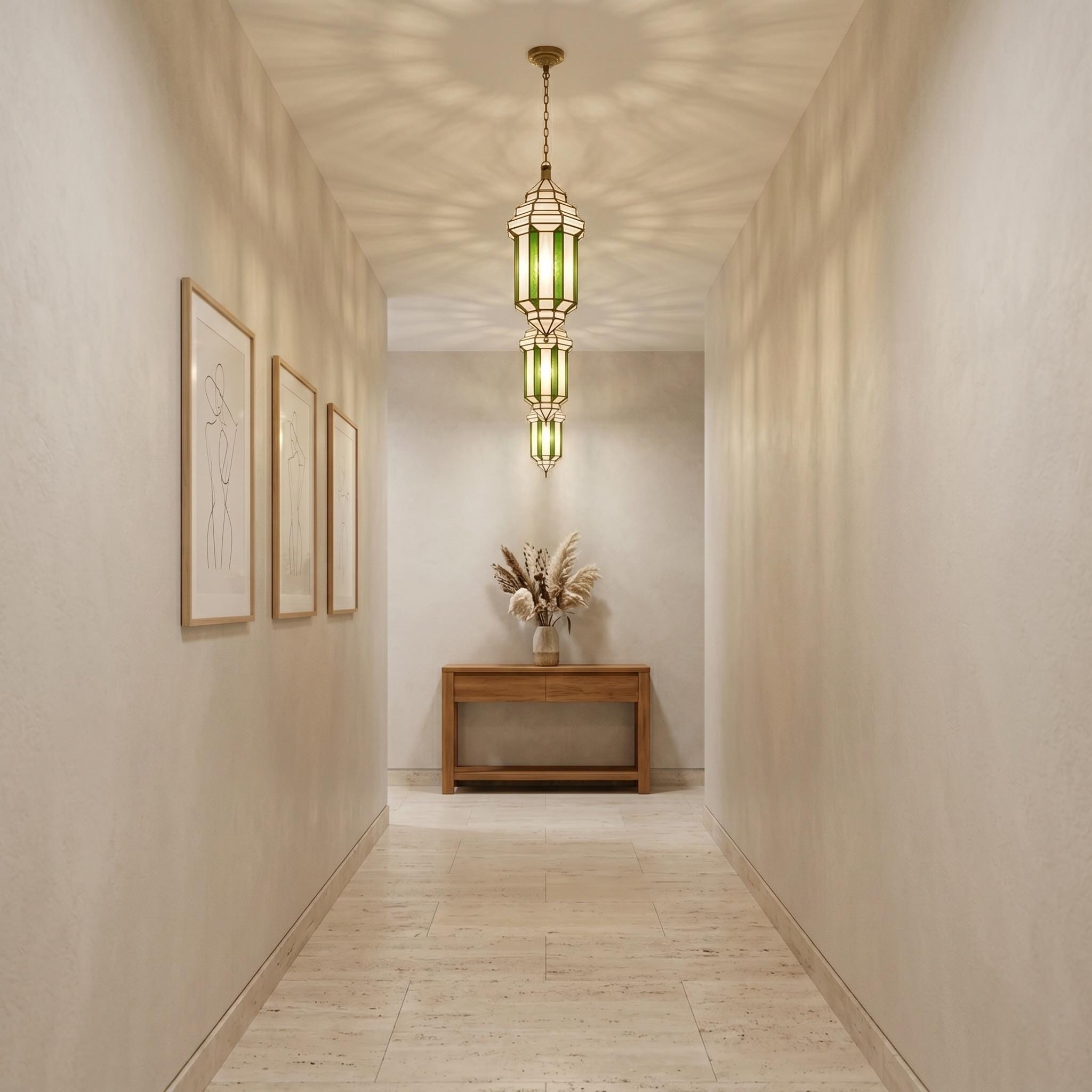Handmade Green Glass Pendant Light – Brass Hanging Lantern, Moroccan Style Ceiling Fixture - Image 2